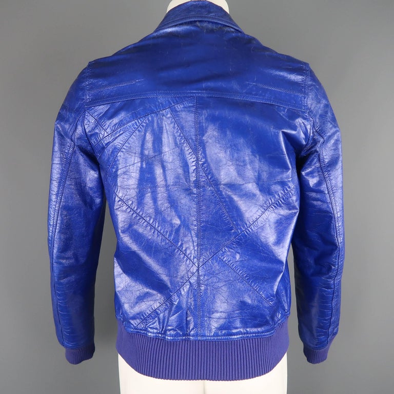 Dior Homme Mens Blue Metallic Leather Bomber Jacket Coat, Spring 2009