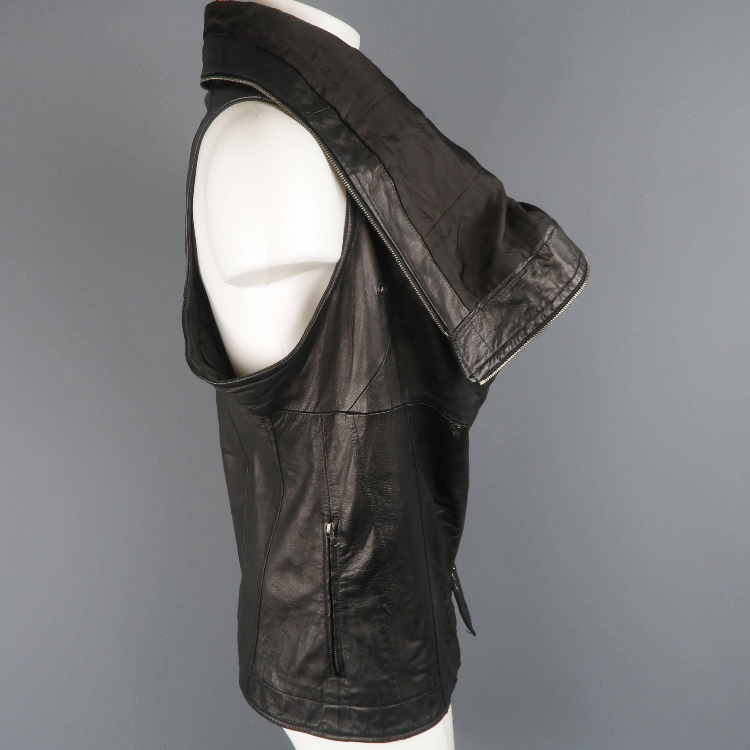 Women's or Men's Ma Julius Black Lamb Skin Leather Draped Collar Vest