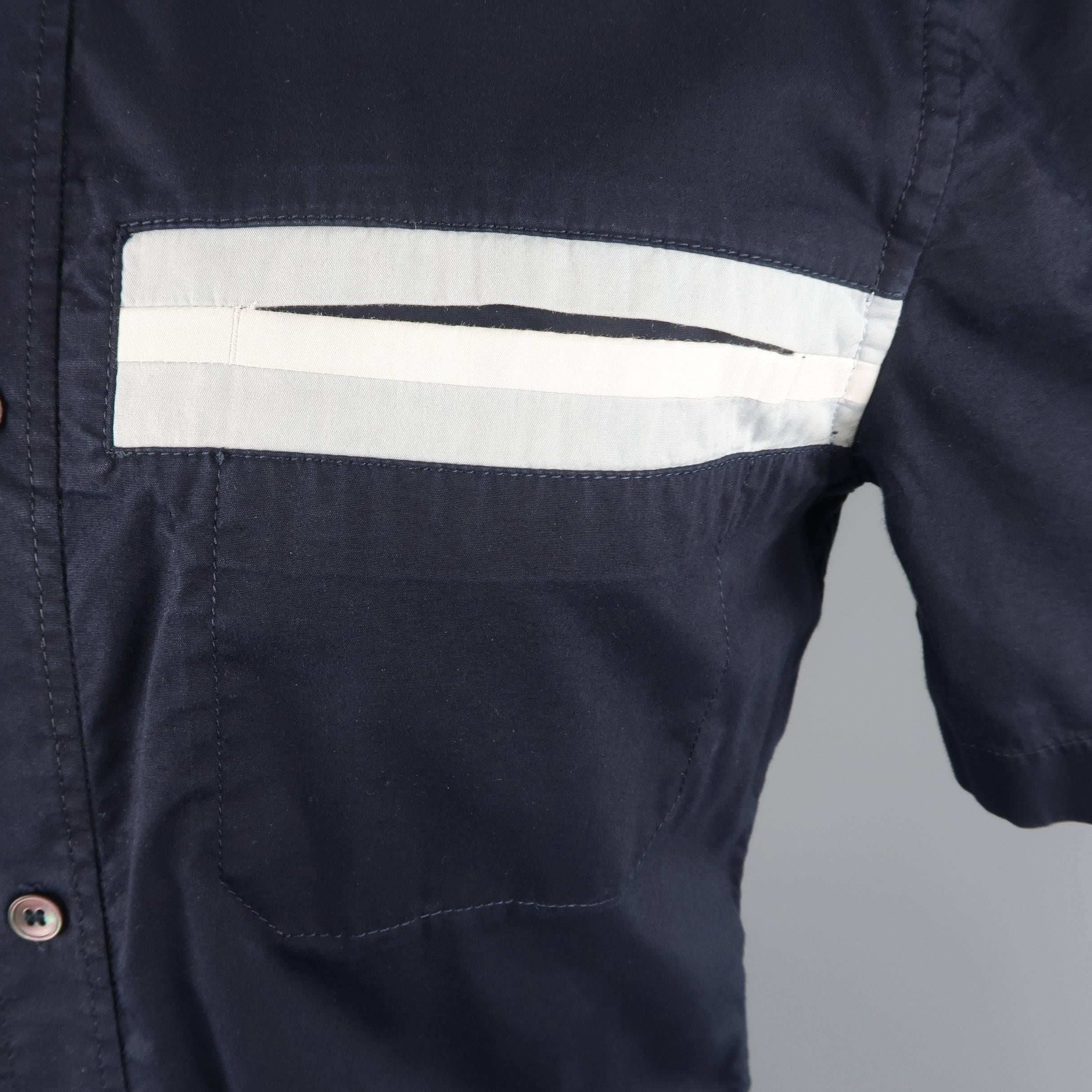 Black PRADA Size M Navy Solid Cotton Blend Striped Pocket Short Sleeve Shirt