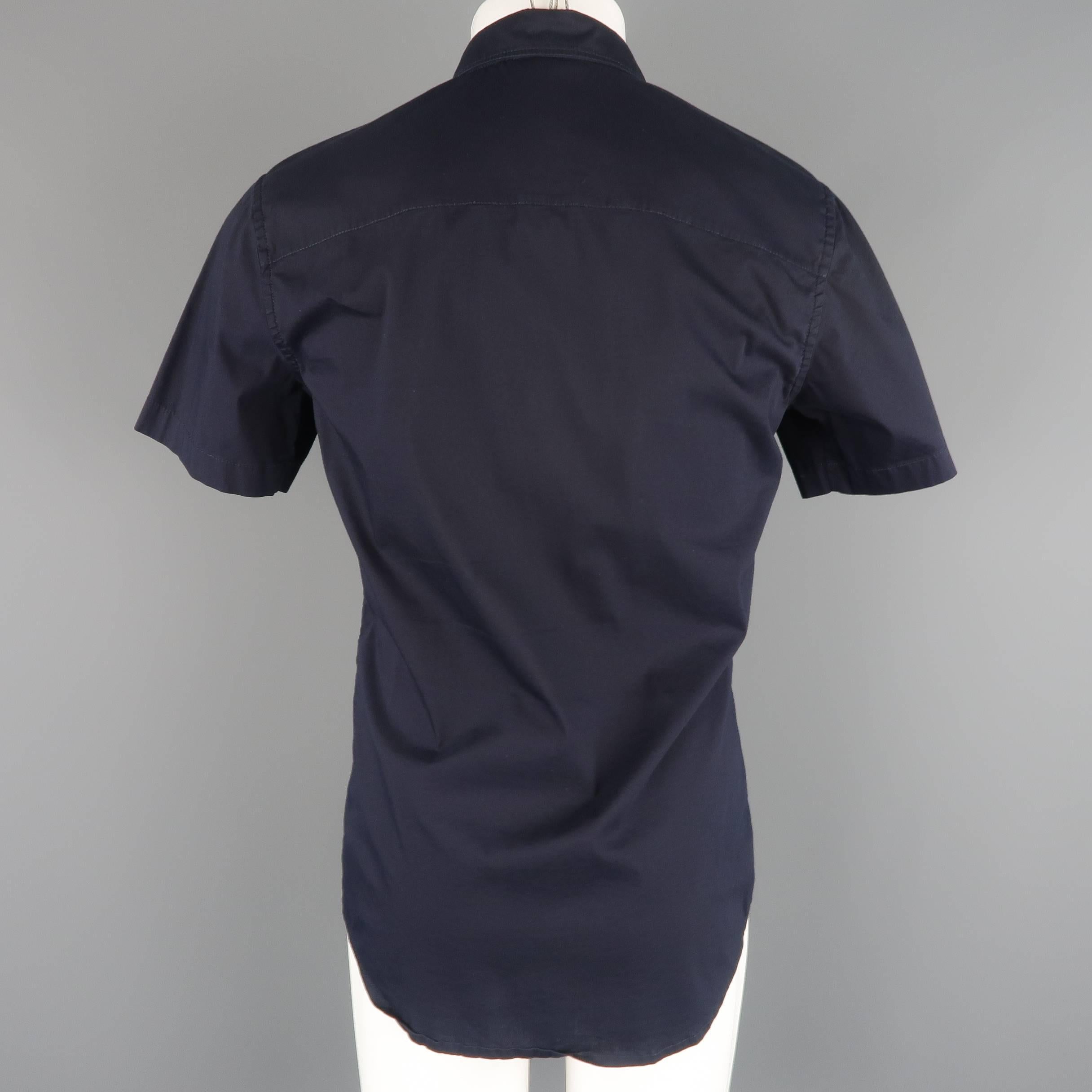 Men's PRADA Size M Navy Solid Cotton Blend Striped Pocket Short Sleeve Shirt