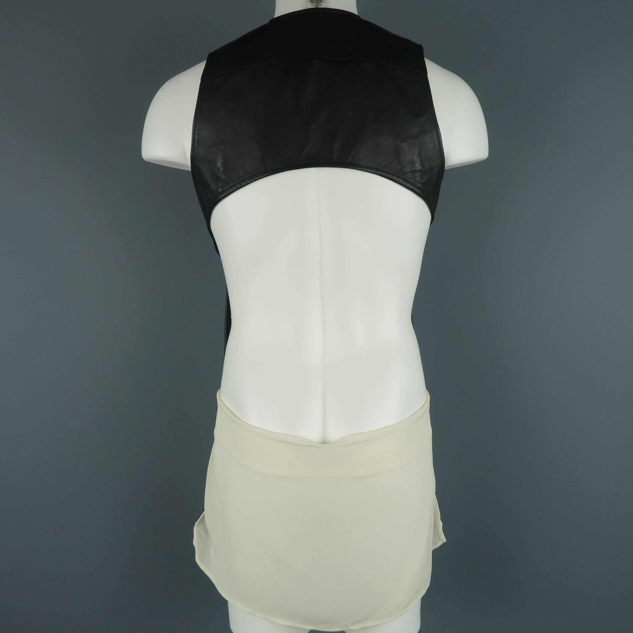 Rick Owens Black Leather Backless Cream Fabric Sash Vest 3