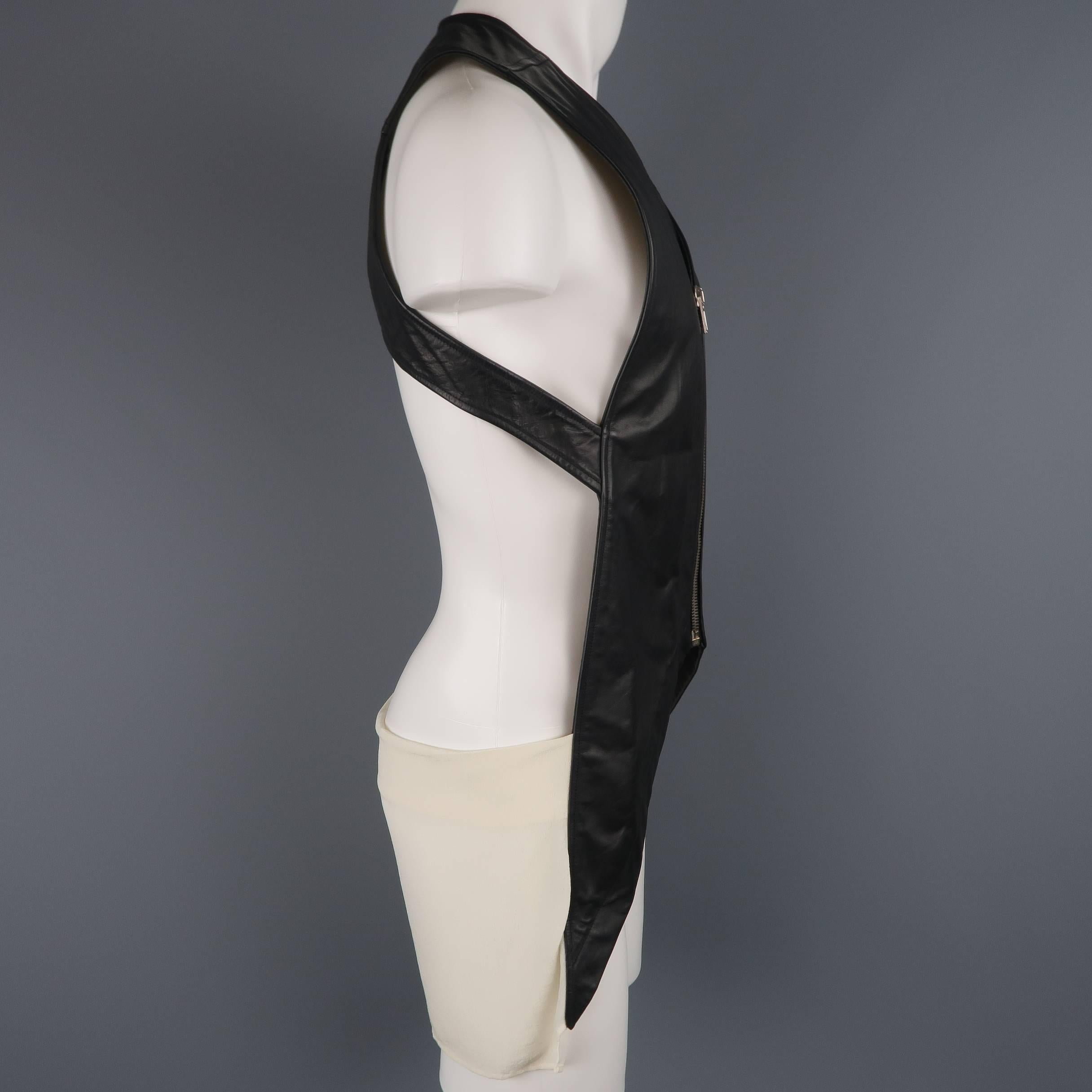 Men's Rick Owens Black Leather Backless Cream Fabric Sash Vest
