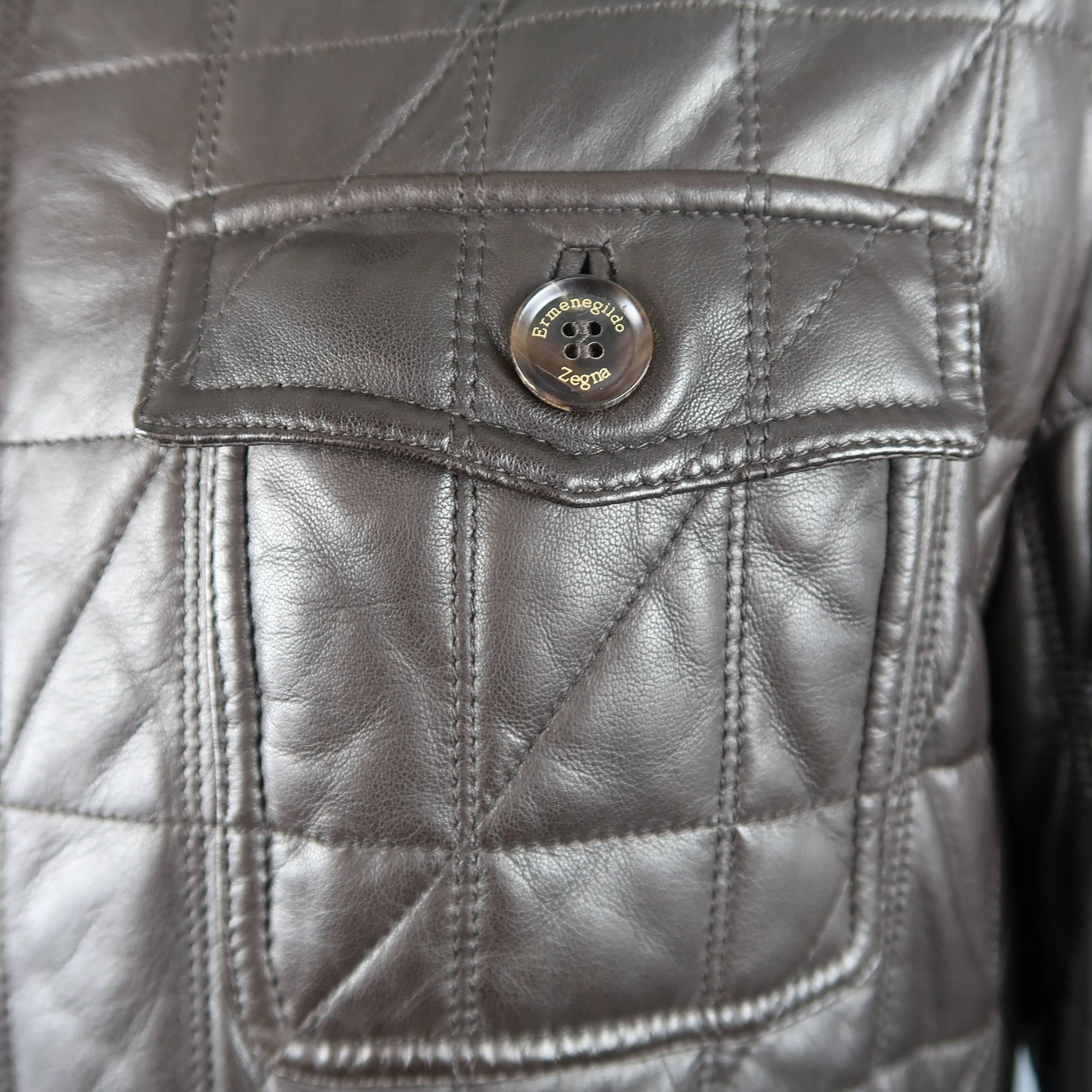 Black Men's ERMENEGILDO ZEGNA 46 Brown Quilted Leather Flap Pocket Jacket