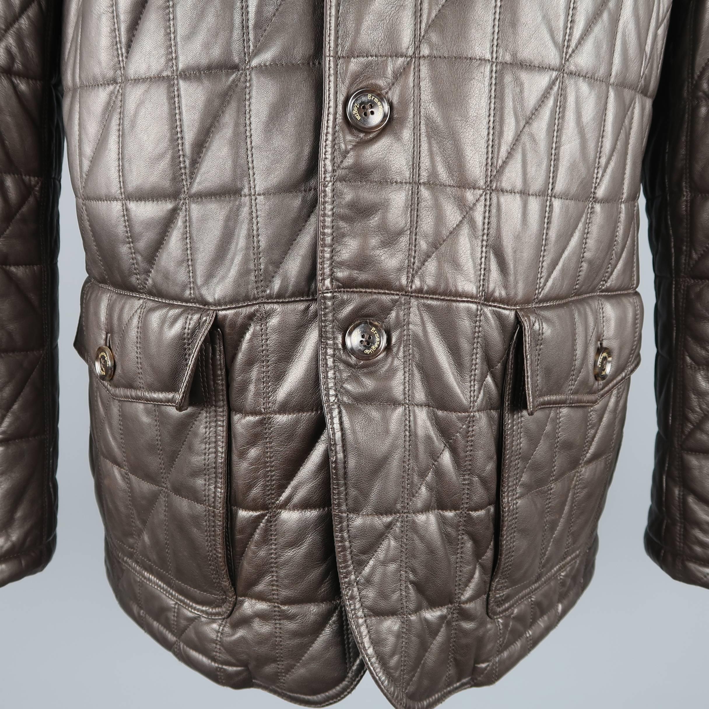 Men's ERMENEGILDO ZEGNA 46 Brown Quilted Leather Flap Pocket Jacket In Excellent Condition In San Francisco, CA
