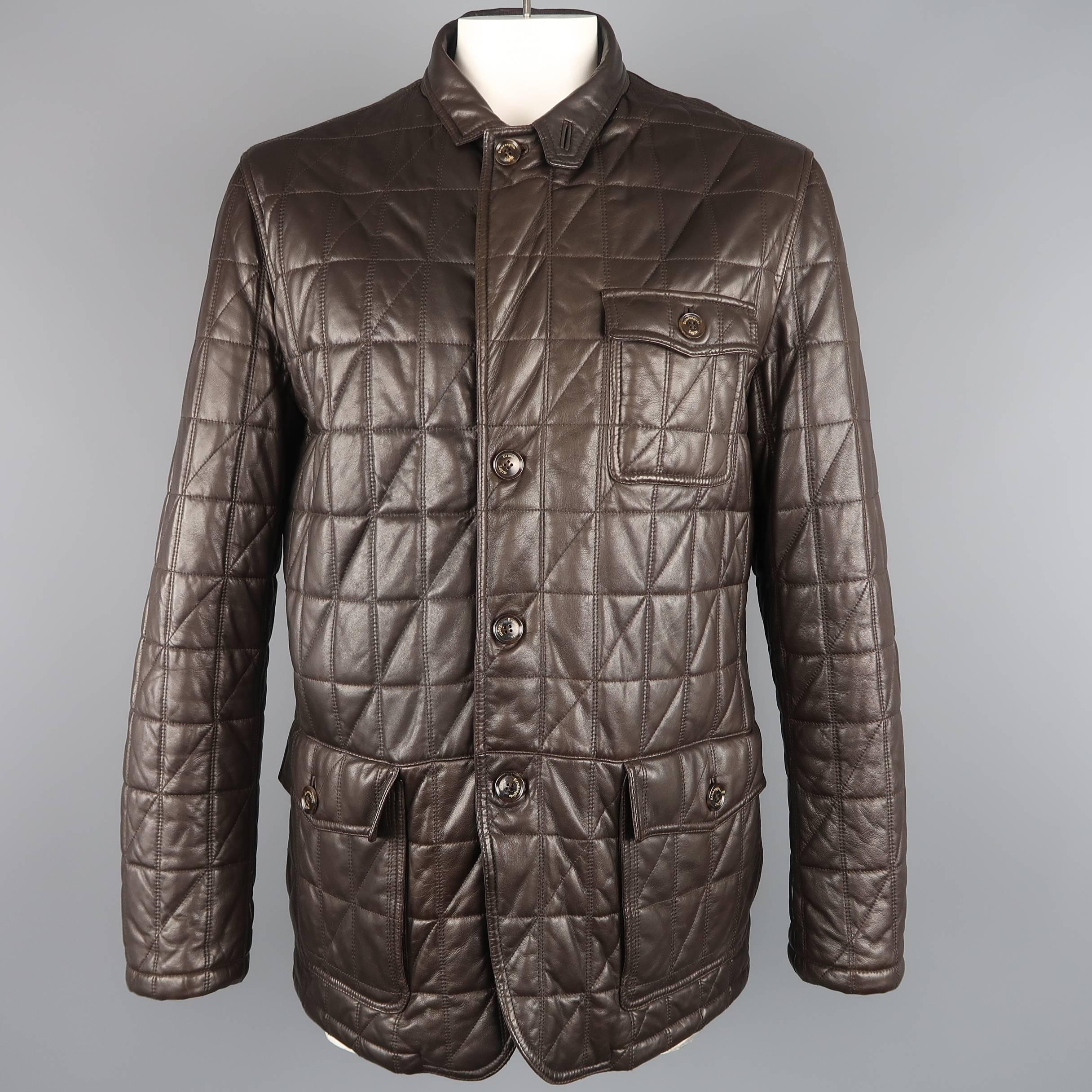Men's ERMENEGILDO ZEGNA 46 Brown Quilted Leather Flap Pocket Jacket 1