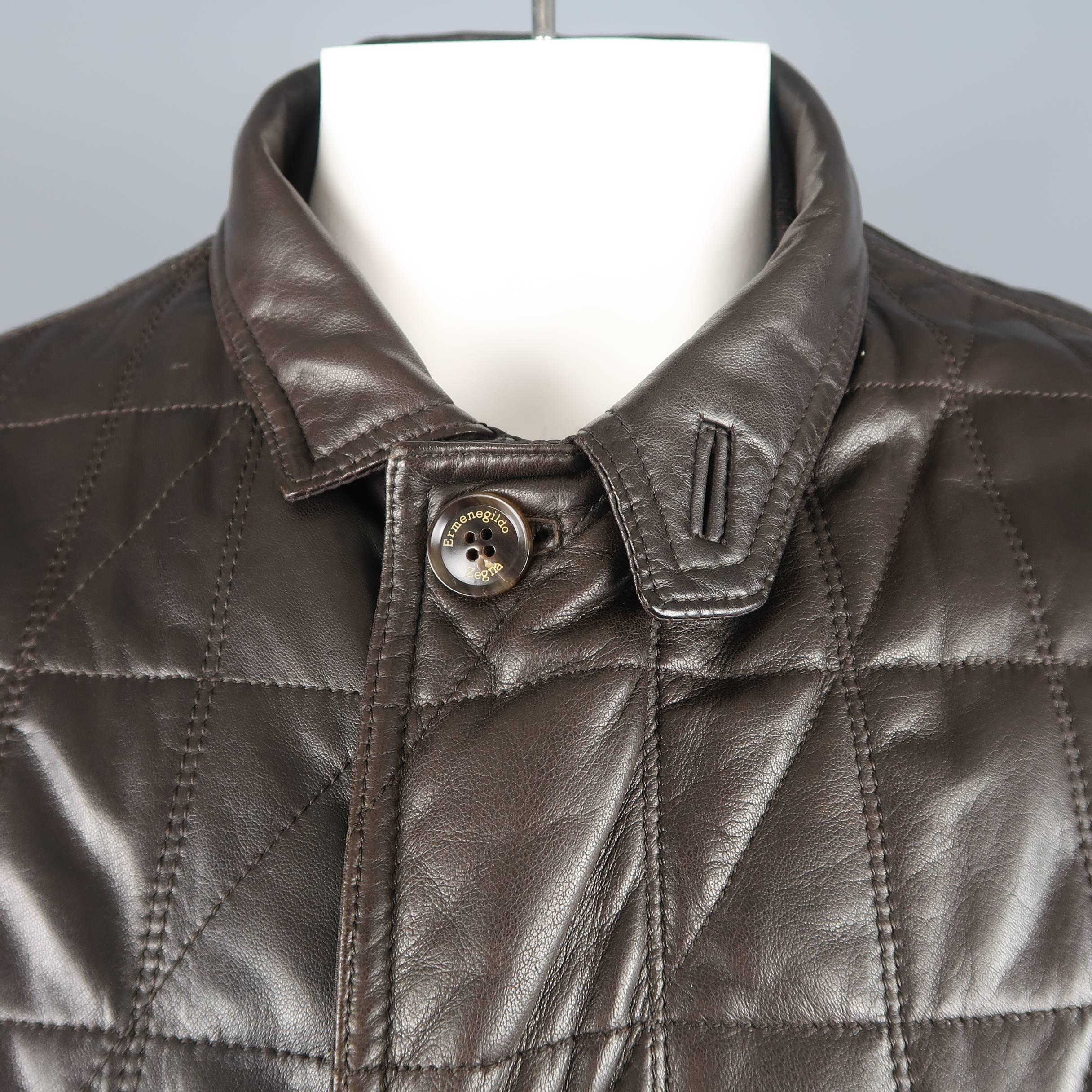 Men's ERMENEGILDO ZEGNA 46 Brown Quilted Leather Flap Pocket Jacket 2