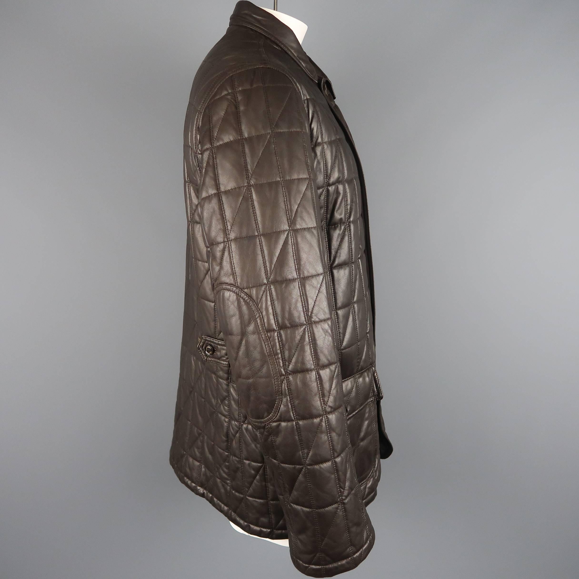 Men's ERMENEGILDO ZEGNA 46 Brown Quilted Leather Flap Pocket Jacket 3