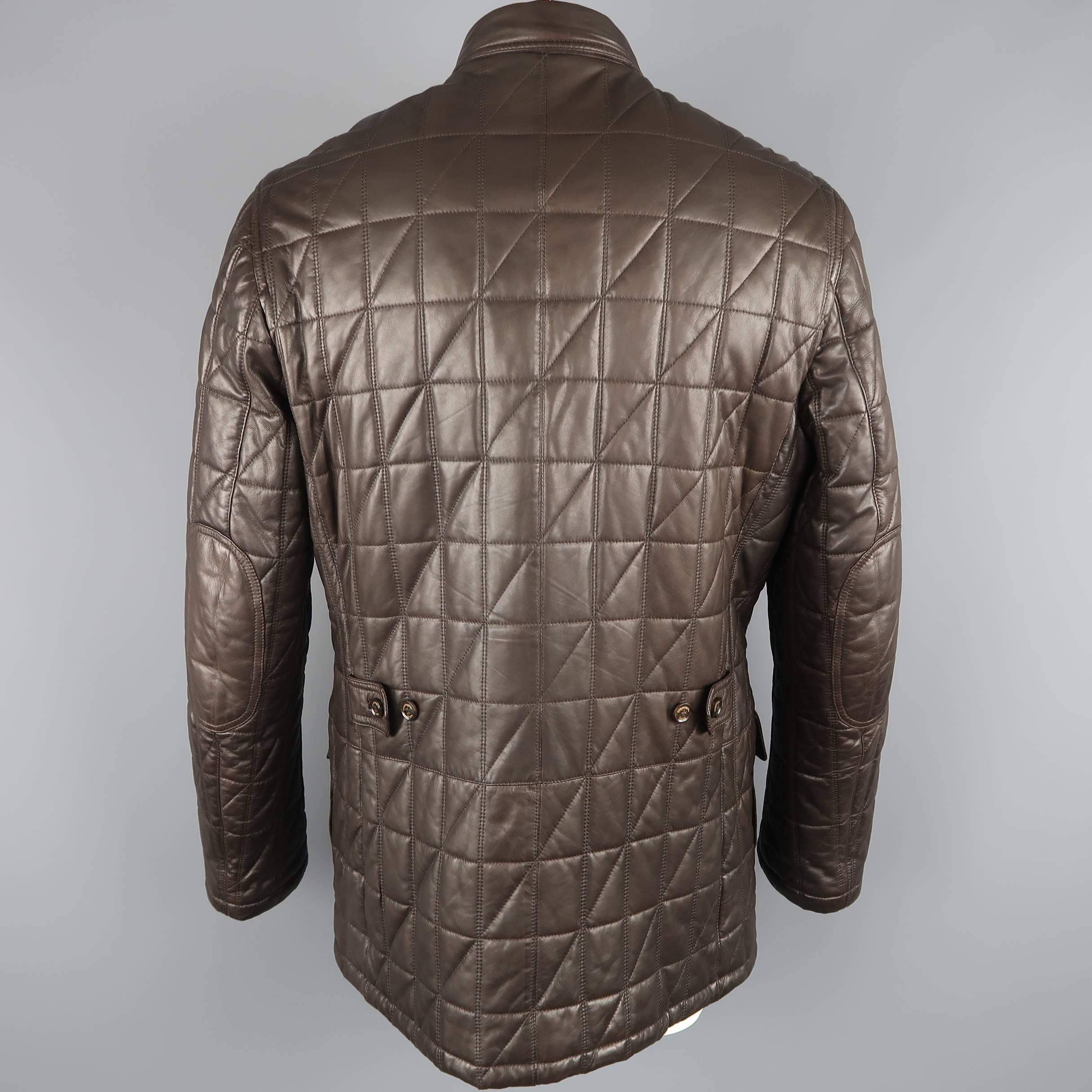 Men's ERMENEGILDO ZEGNA 46 Brown Quilted Leather Flap Pocket Jacket 4