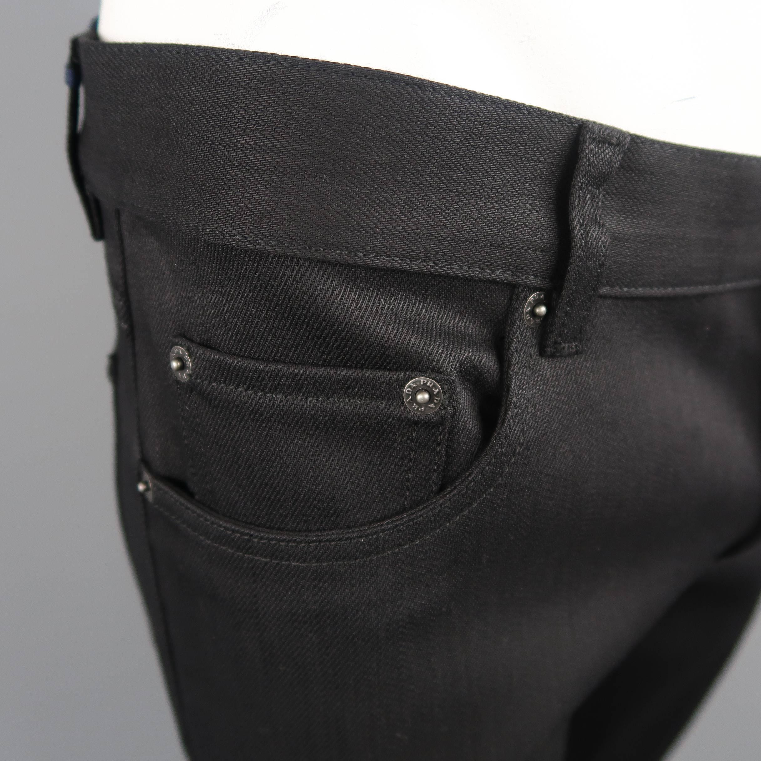 Men's PRADA Size 34 - Black Cotton Blend Coated Denim Tight Fit Jeans 1