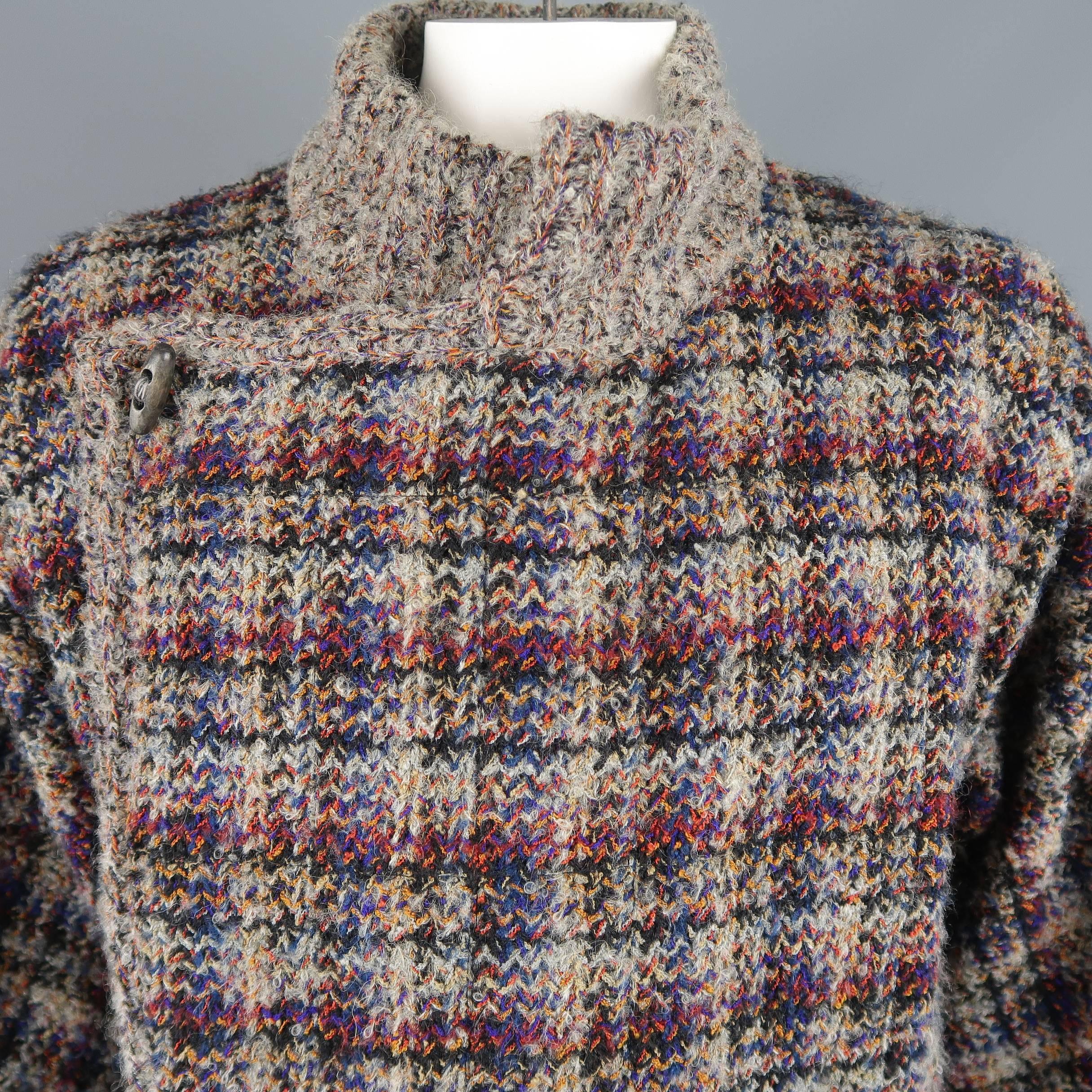 Gray Vintage MISSONI L Grey & Burgundy Plaid Knitted Wool Blend Reversible Jacket