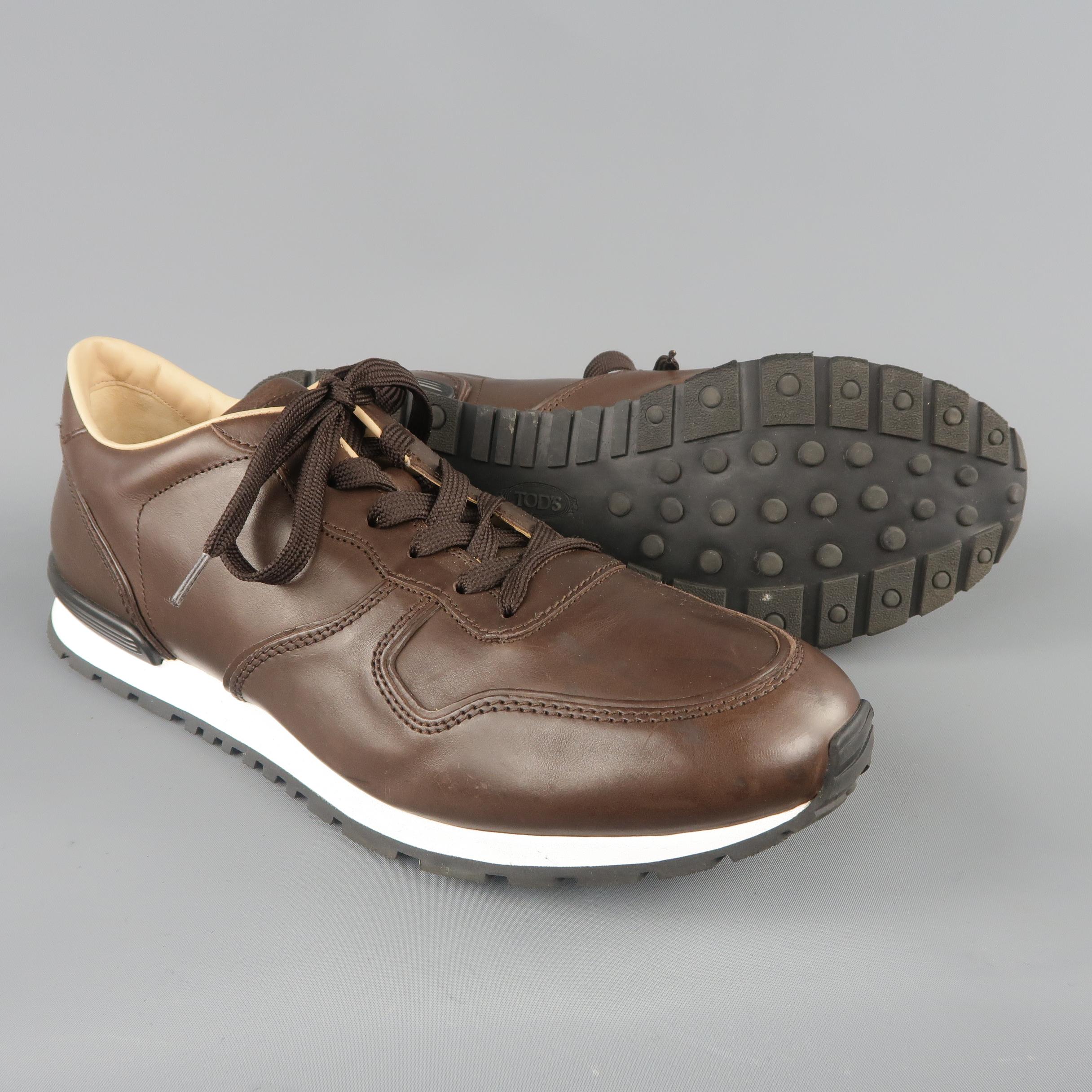TOD'S Size 12 Brown Solid Leather Trainer Sneakers In Excellent Condition In San Francisco, CA