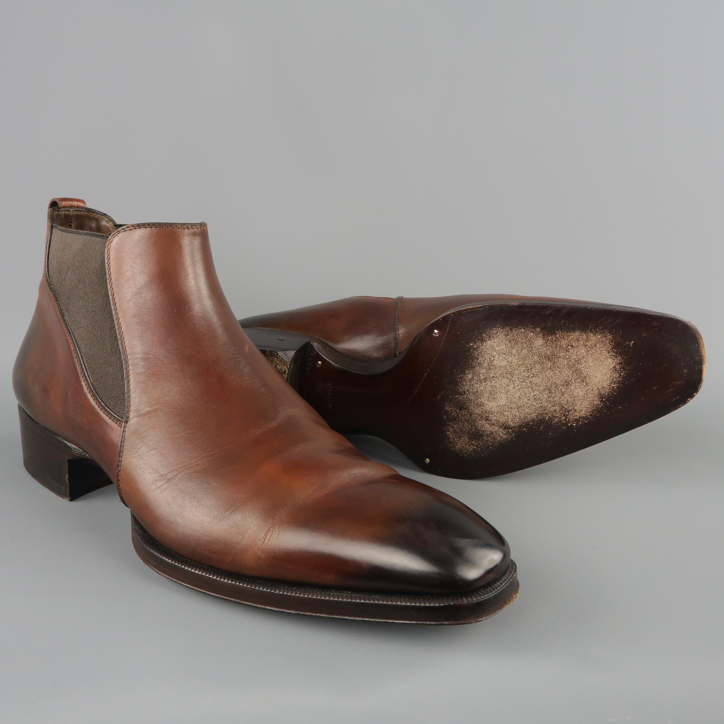 TOM FORD Boots Edgar Size 12 Brown Antique Leather EDGAR Low Chelsea Shoes In Excellent Condition In San Francisco, CA