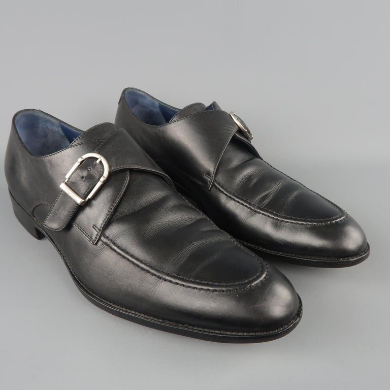 SALVATORE FERRAGAMO Size 11.5 Black Leather Apron Toe Monk Strap ...