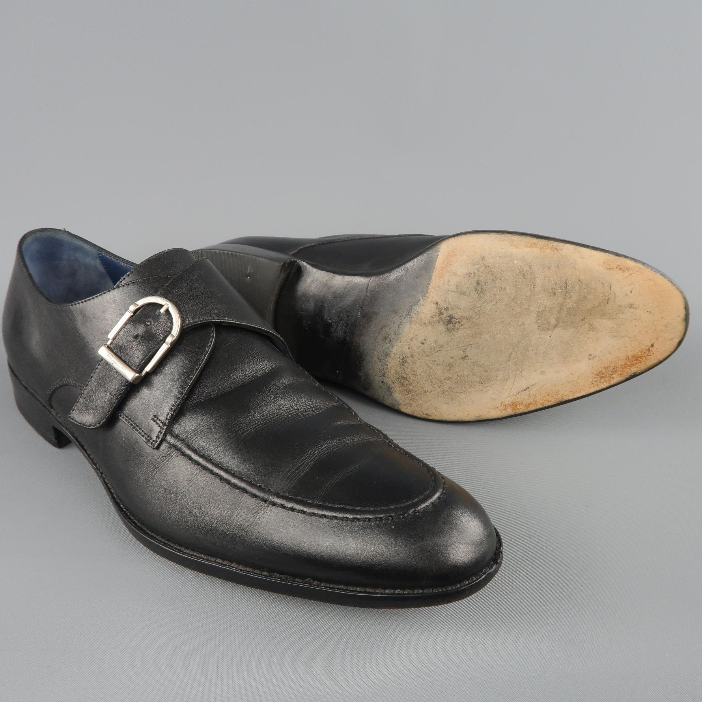 SALVATORE FERRAGAMO Size 11.5 Black Leather Apron Toe Monk Strap Loafers Shoes In Good Condition In San Francisco, CA