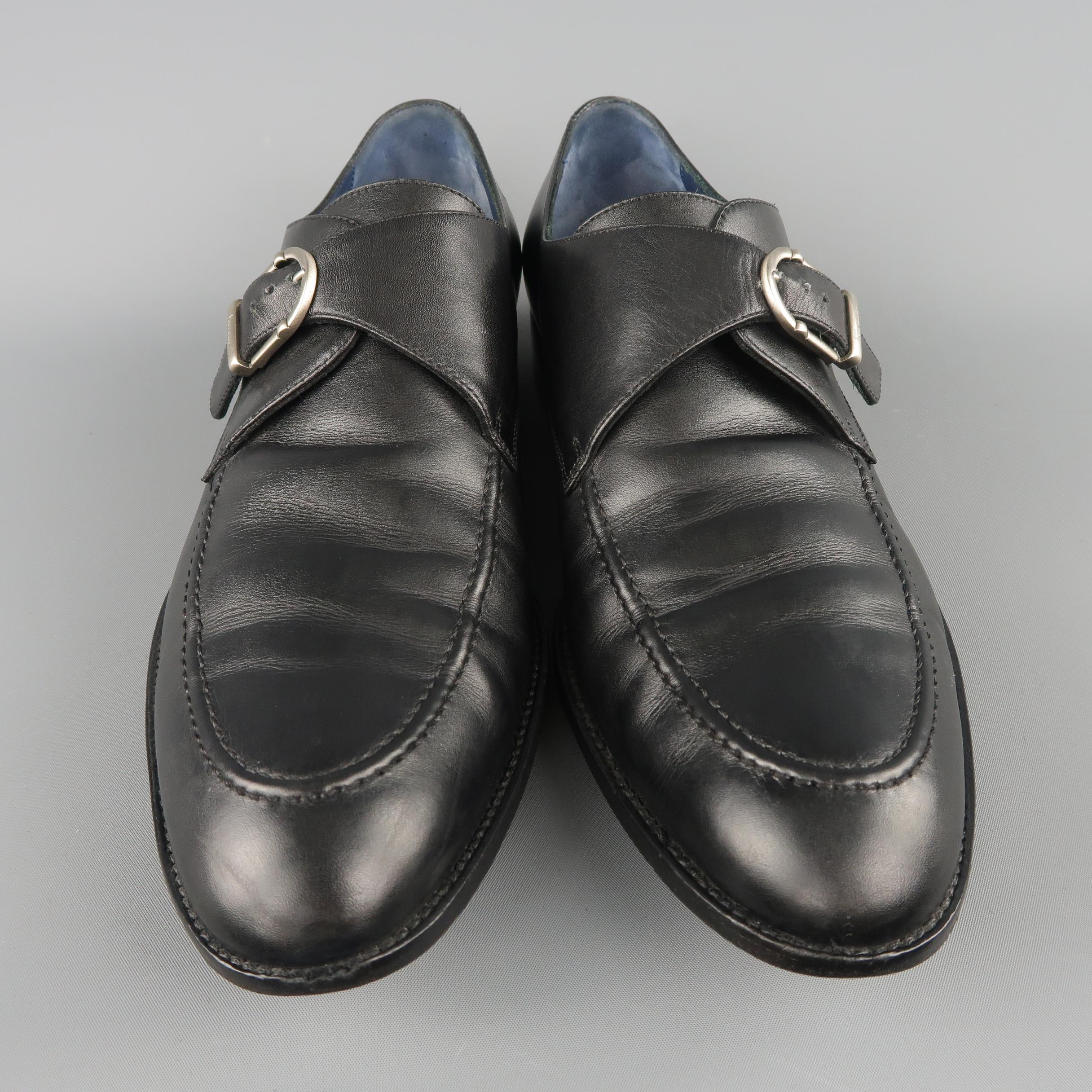 Men's SALVATORE FERRAGAMO Size 11.5 Black Leather Apron Toe Monk Strap Loafers Shoes