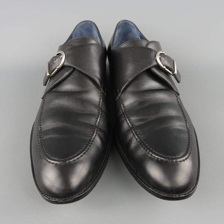SALVATORE FERRAGAMO Size 11.5 Black Leather Apron Toe Monk Strap ...