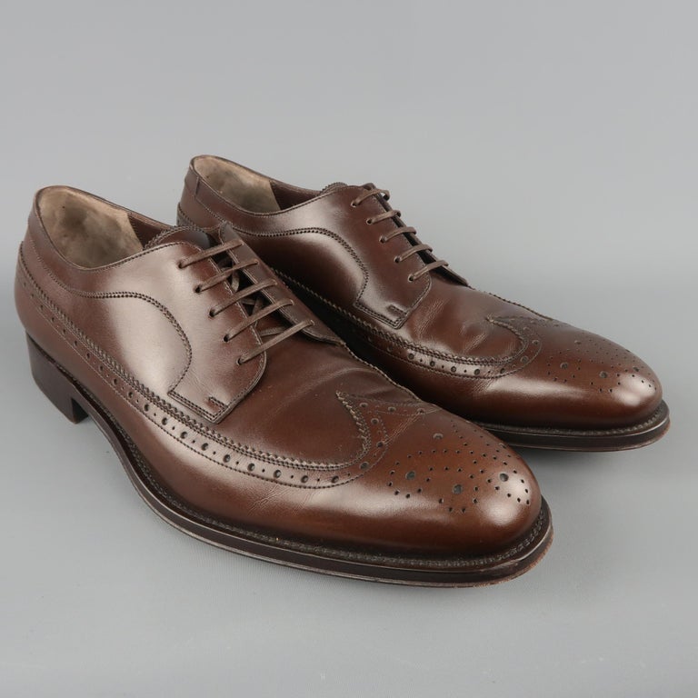 SALVATORE FERRAGAMO Size 12 Brown Perforated Leather Wingtip Lace Up at ...