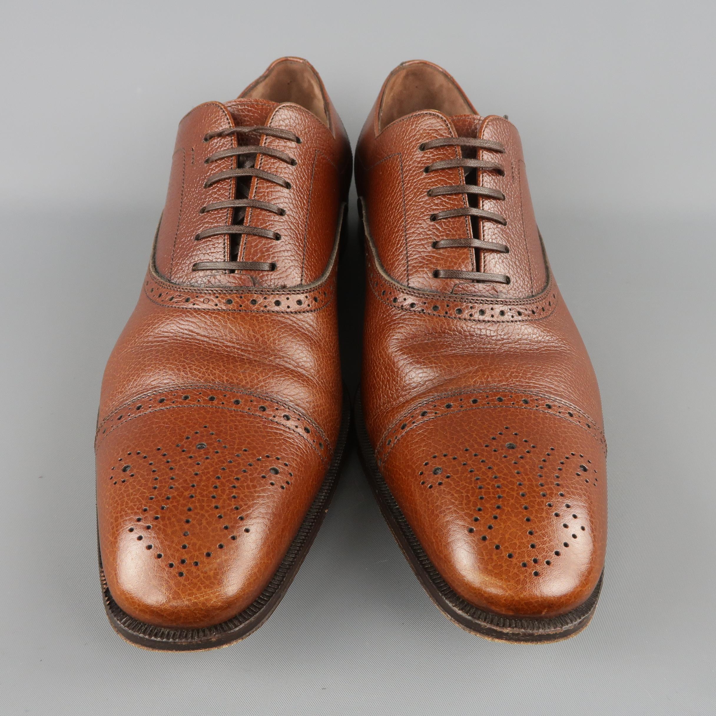 SALVATORE FERRAGAMO Size 12 Tan Textured Leather Lace Up Wingtip Brogues In Excellent Condition In San Francisco, CA