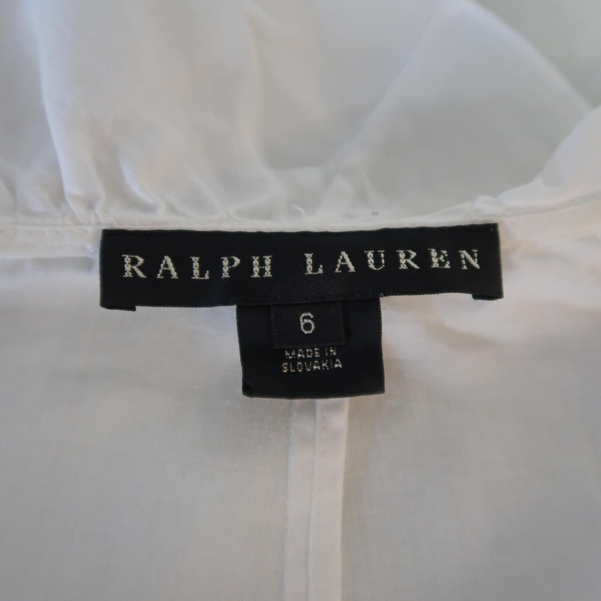 RALPH LAUREN Size 6 White Ramie Ruffled Collar 3/4 Sleeve Blouse In Fair Condition In San Francisco, CA