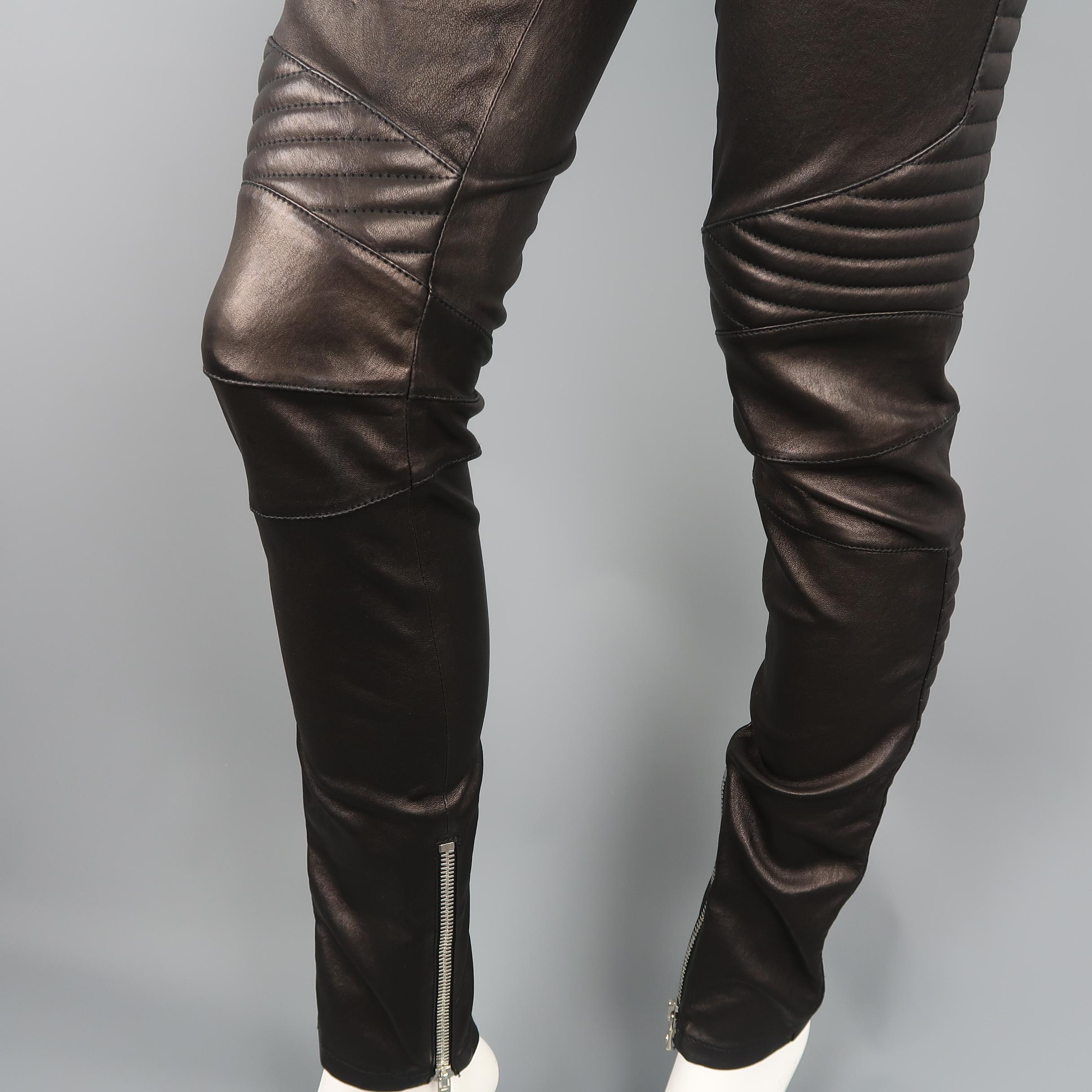 Balmain Black Quilted Stretch Leather Skinny Motorcycle Pants In Excellent Condition In San Francisco, CA