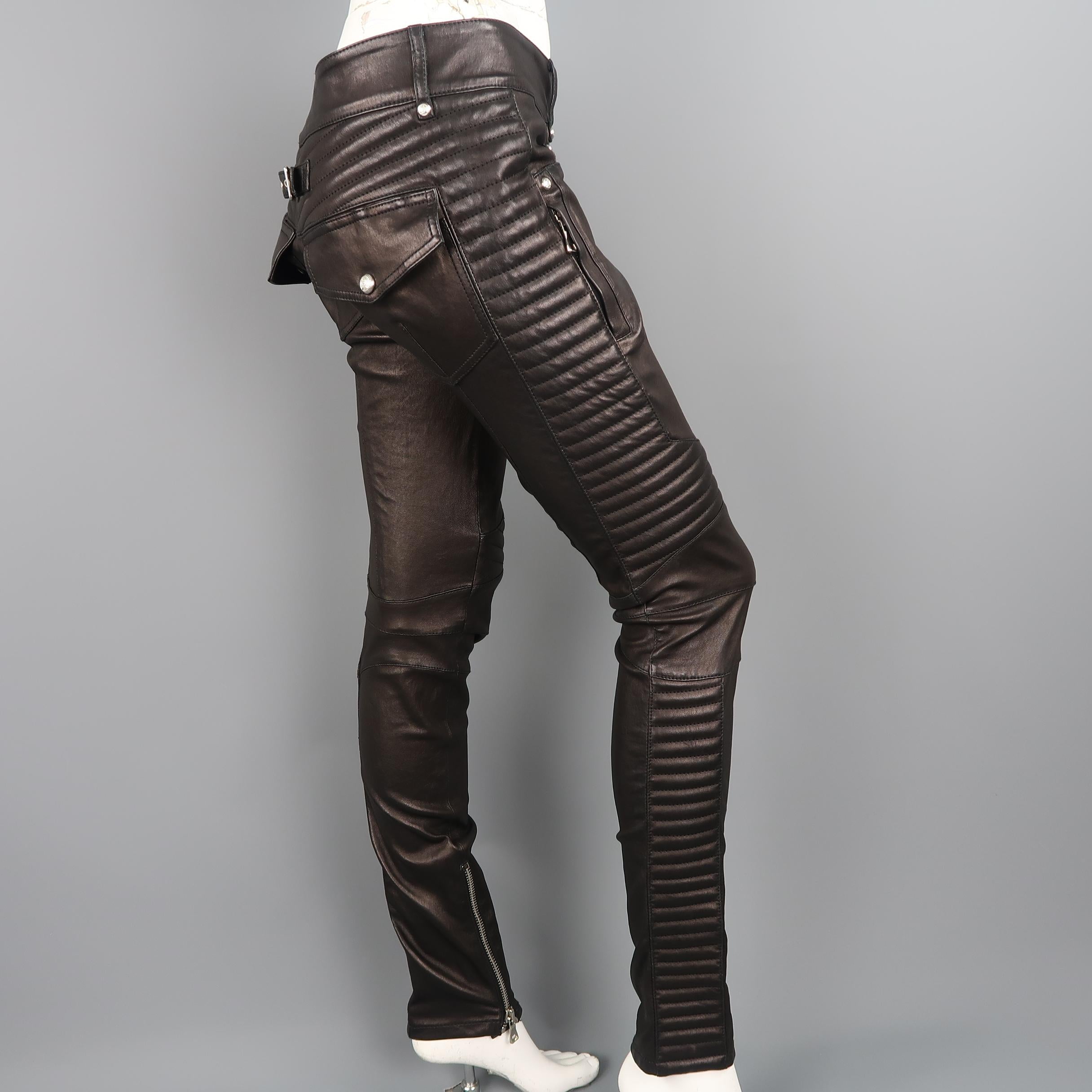 Balmain Black Quilted Stretch Leather Skinny Motorcycle Pants at ...