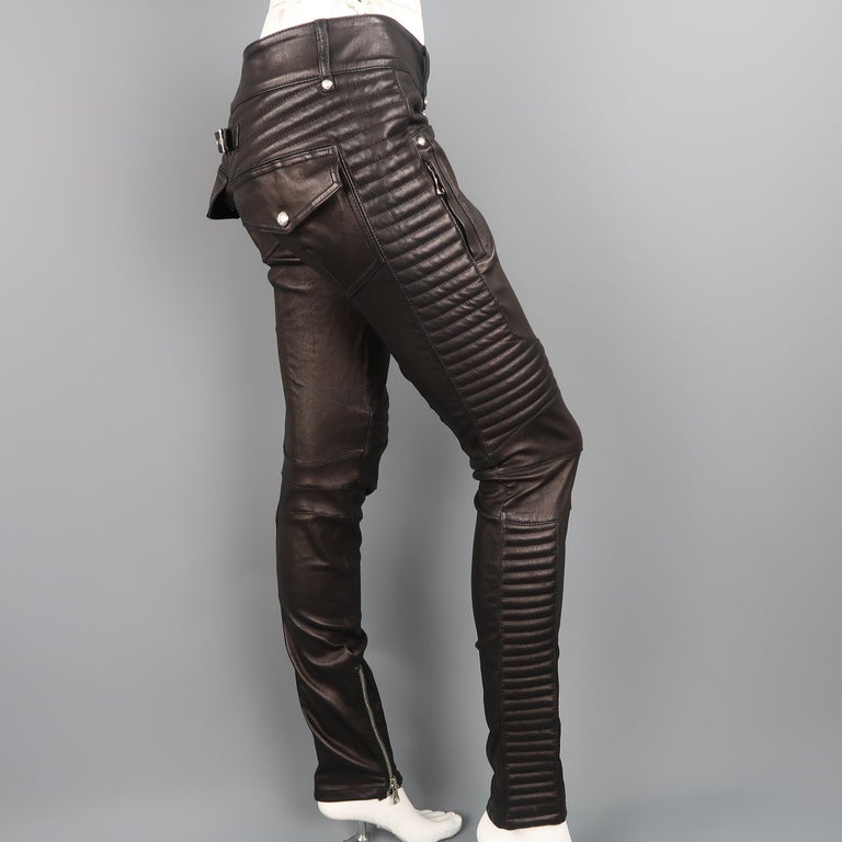 Balmain Black Quilted Stretch Leather Skinny Motorcycle Pants at