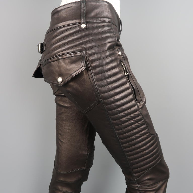Balmain Black Quilted Stretch Leather Skinny Motorcycle Pants at