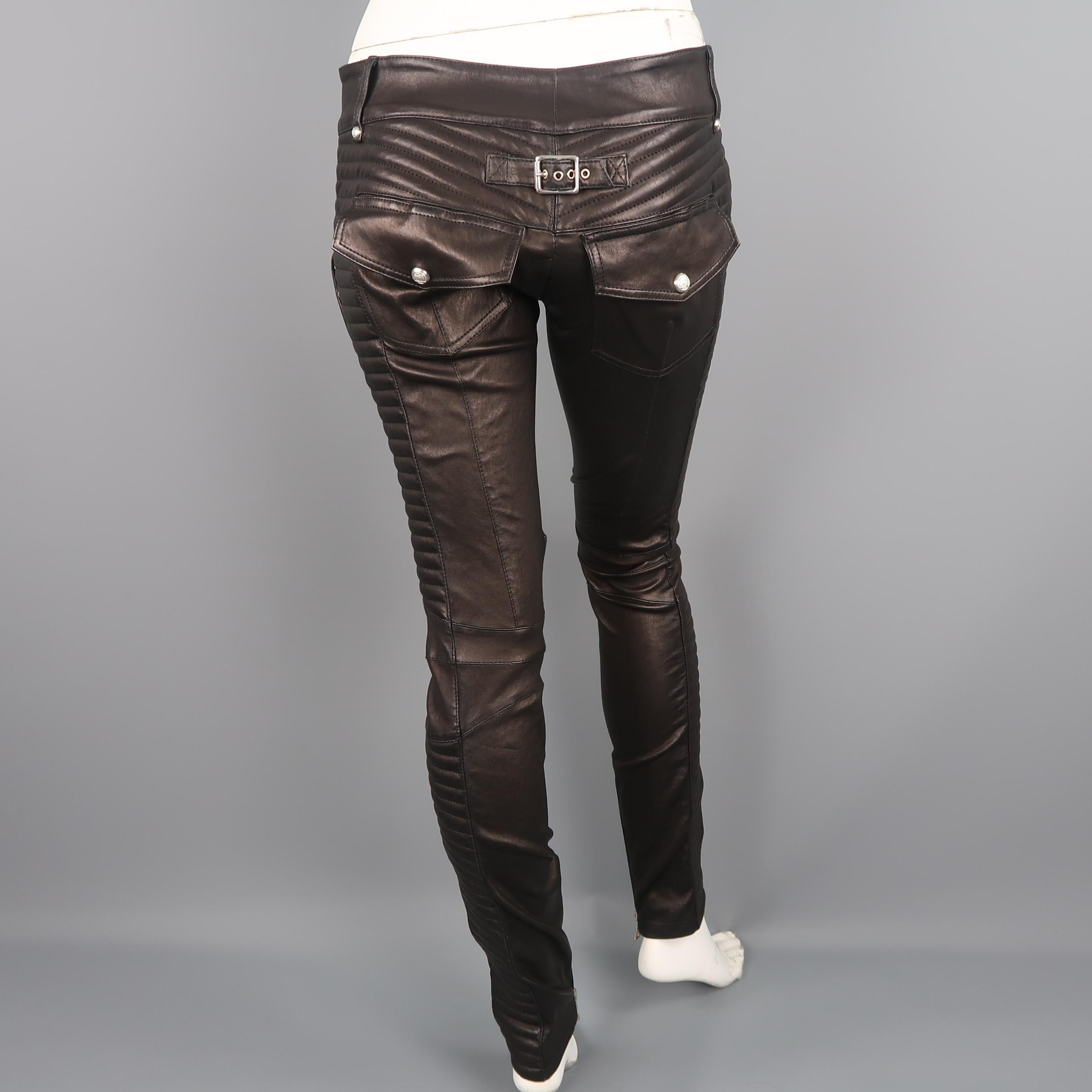 Balmain Black Quilted Stretch Leather Skinny Motorcycle Pants 3