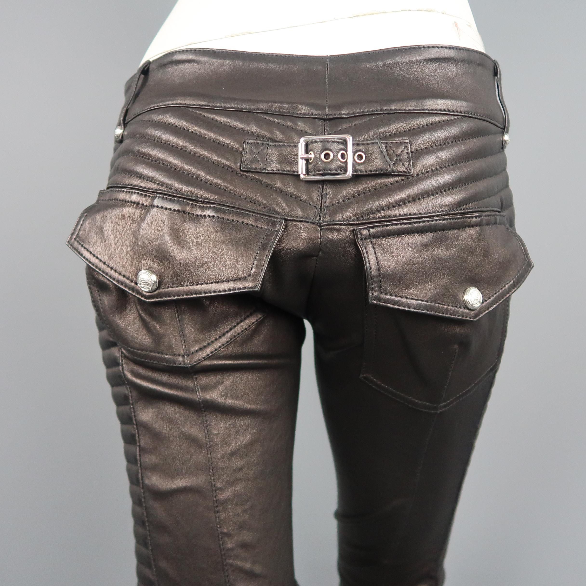 Balmain Black Quilted Stretch Leather Skinny Motorcycle Pants 4