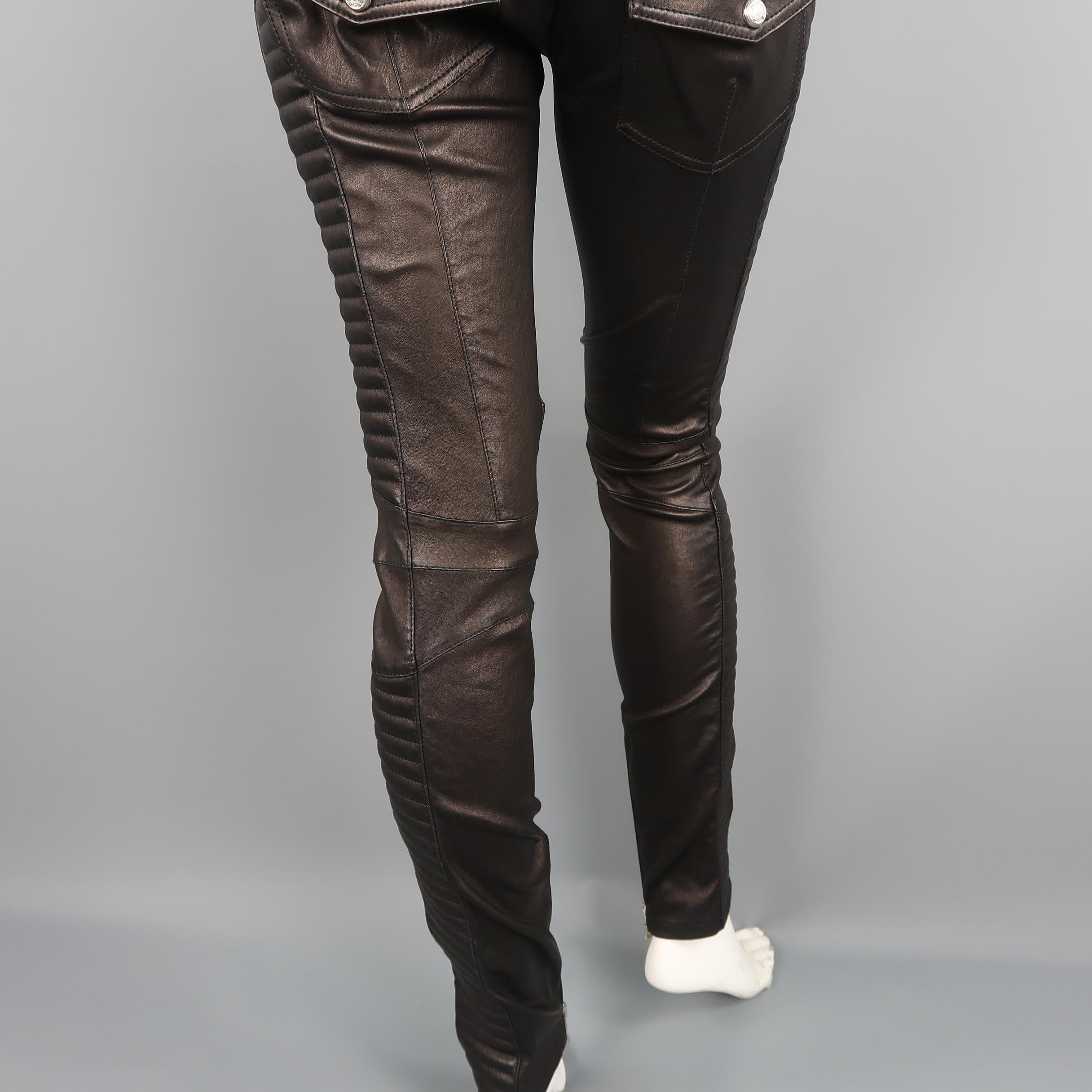 Balmain Black Quilted Stretch Leather Skinny Motorcycle Pants 5
