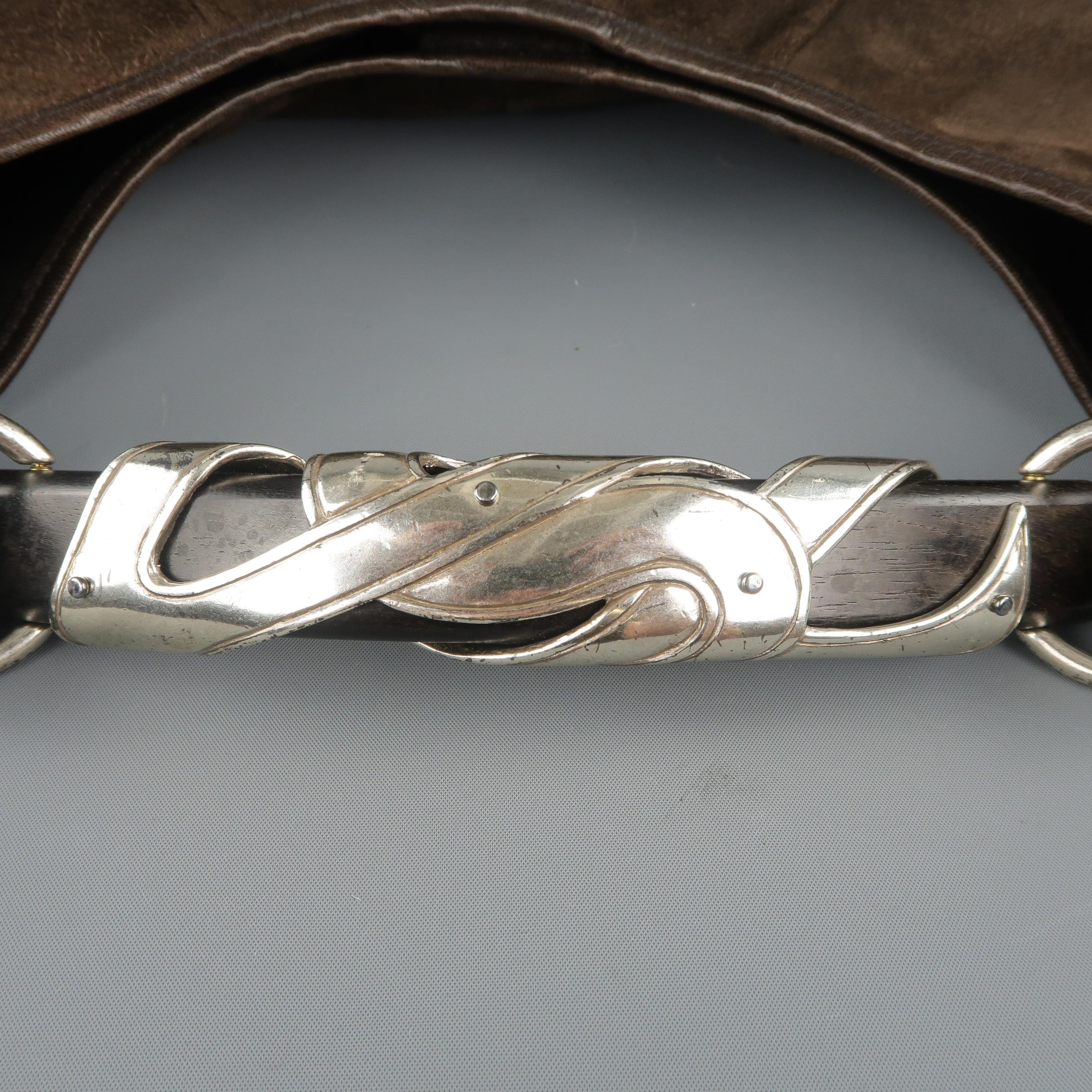 Yves Saint Laurent Brown Suede Silver Metal Handle Mombasa Handbag 1