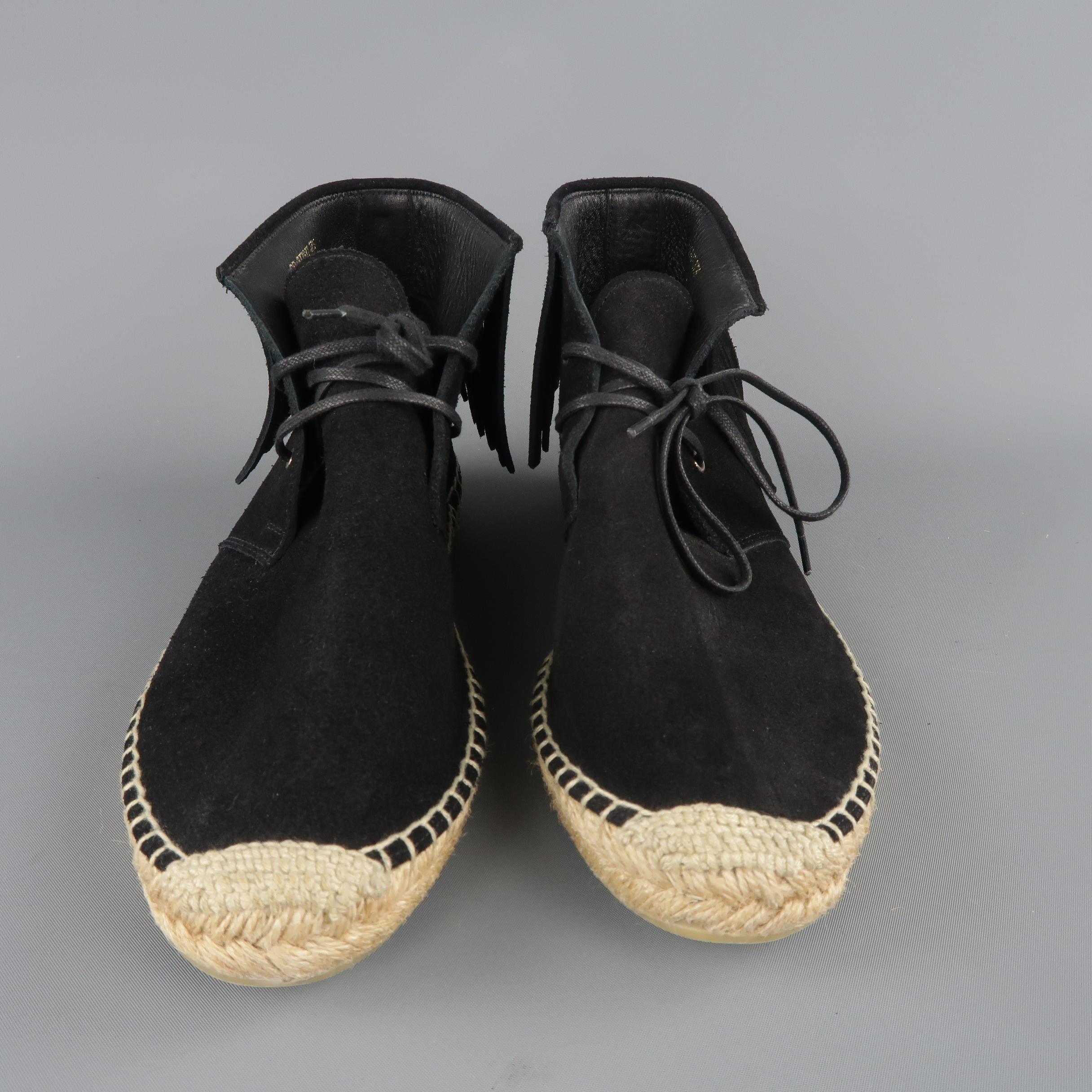 Women's SAINT LAURENT Size 7.5 Black Suede Fringe Espadrille Boots