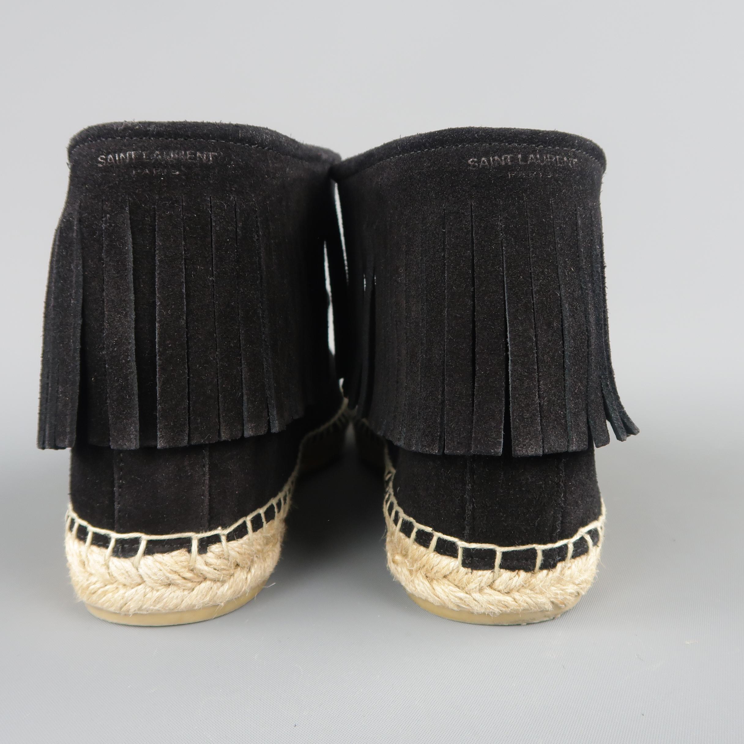 SAINT LAURENT Size 7.5 Black Suede Fringe Espadrille Boots 2