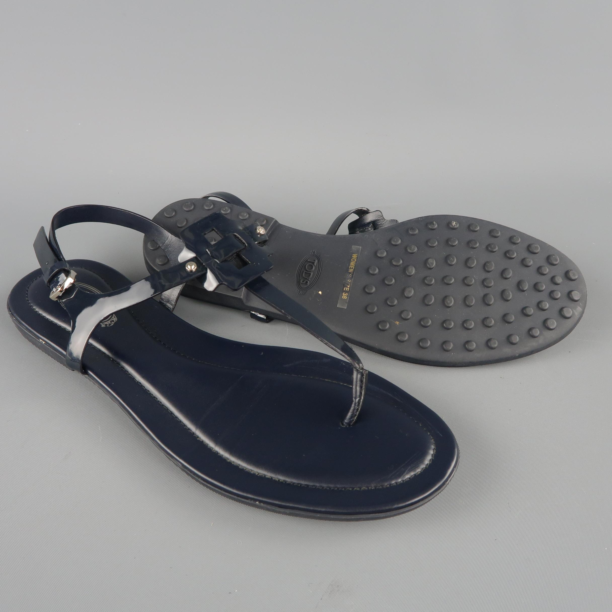 Black TOD'S Size 8 Navy Patent Leather Gomma T-stap Sandals