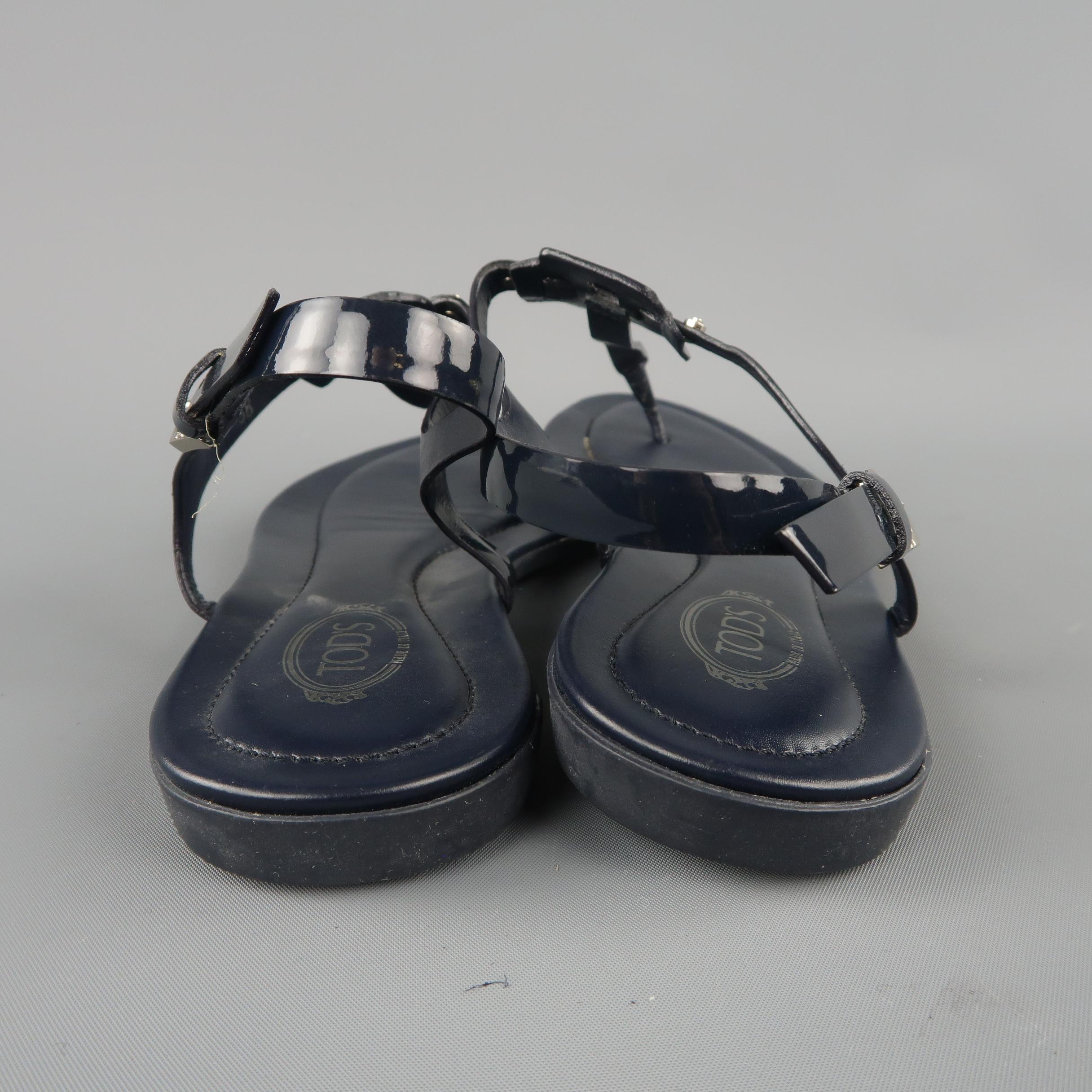TOD'S Size 8 Navy Patent Leather Gomma T-stap Sandals 1