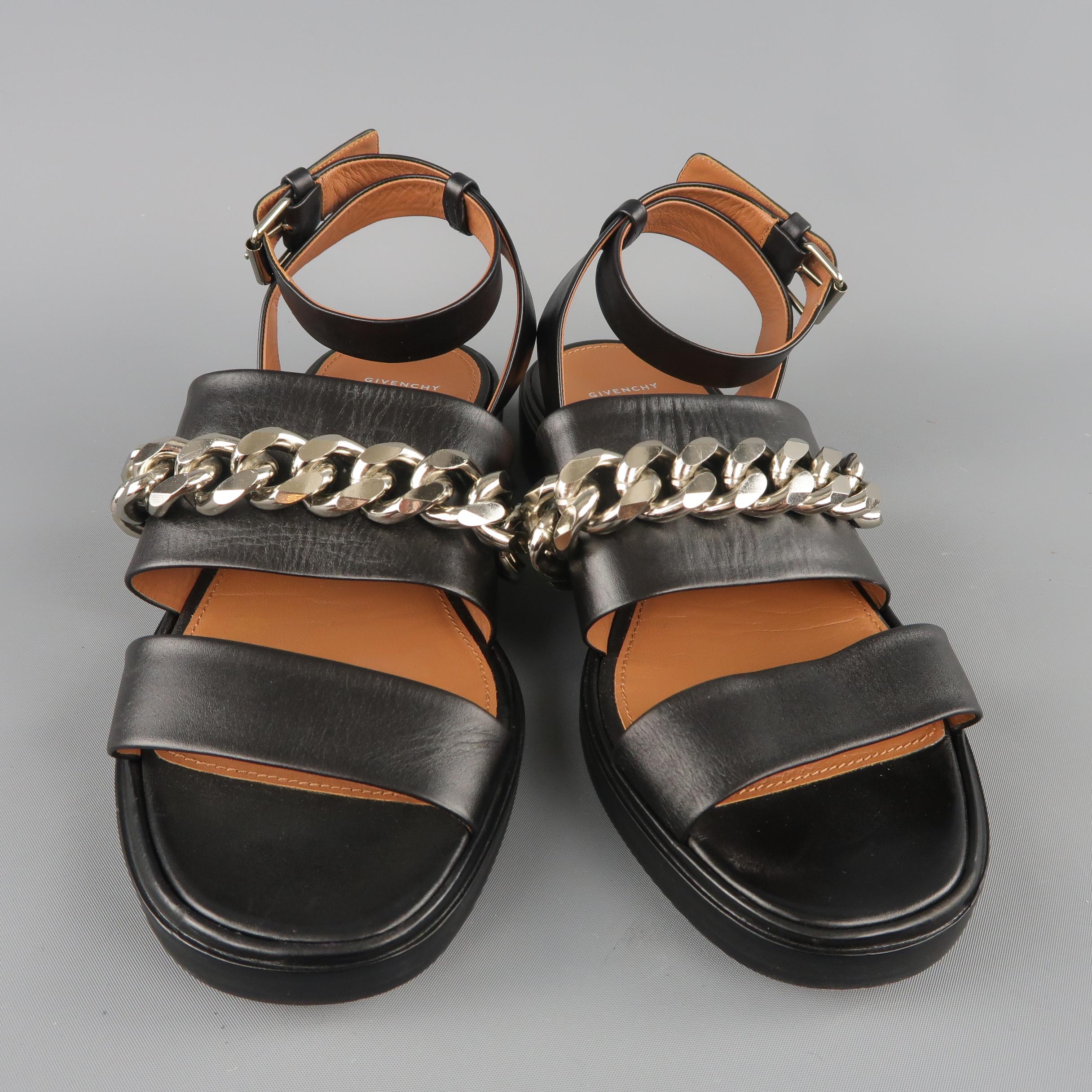 Women's GIVENCHY Size 8 Black Leather Ankle Curb Chain Strap Sandals