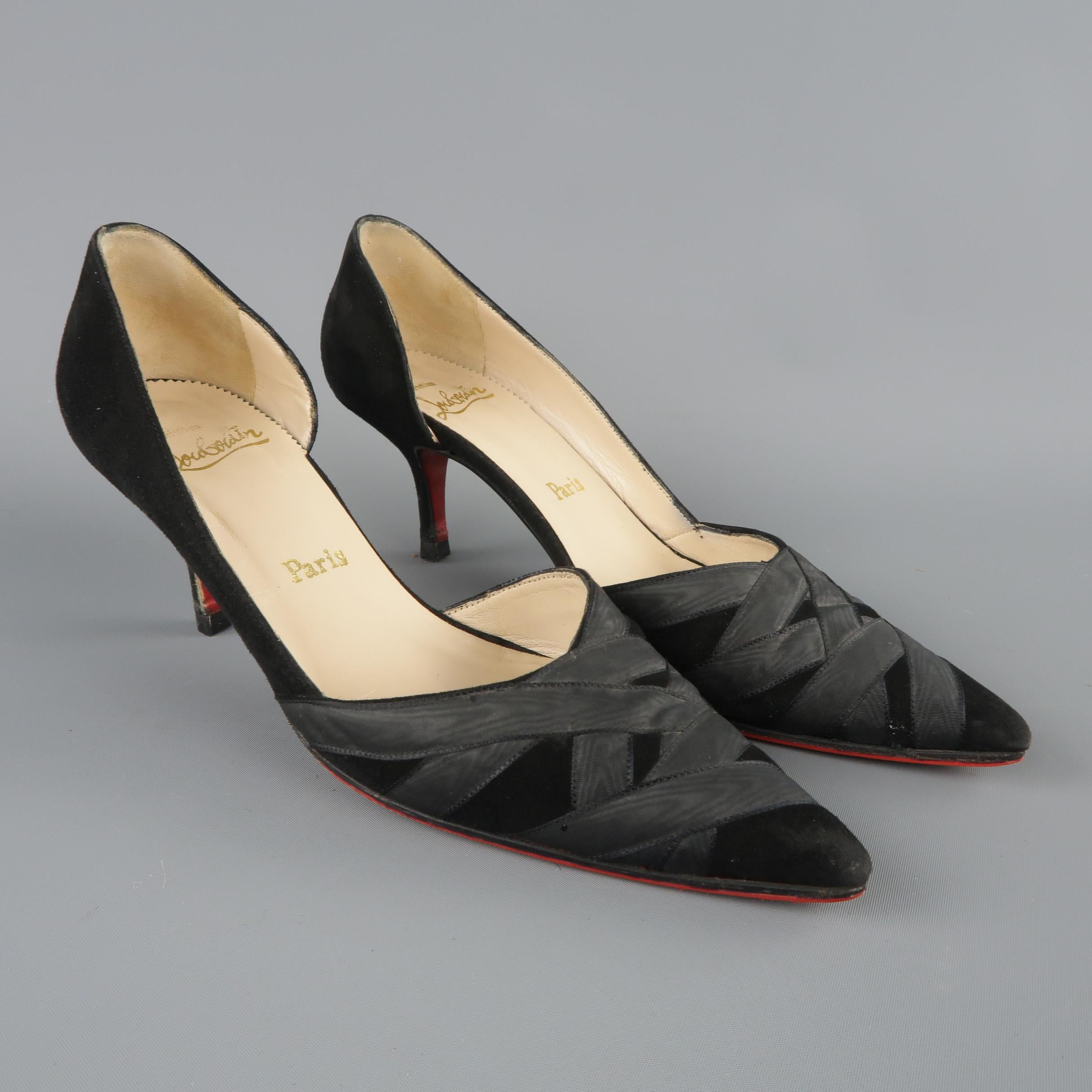 Vintage Christian Louboutin D'orsay pumps come in black suede with a pointed silk ribbon detailed toe. Resoled. Wear throughout.  
 As is. Made in Italy.
 
Fair Pre-Owned Condition.
Marked: IT 35.5
 
Heel: 2.5 in.