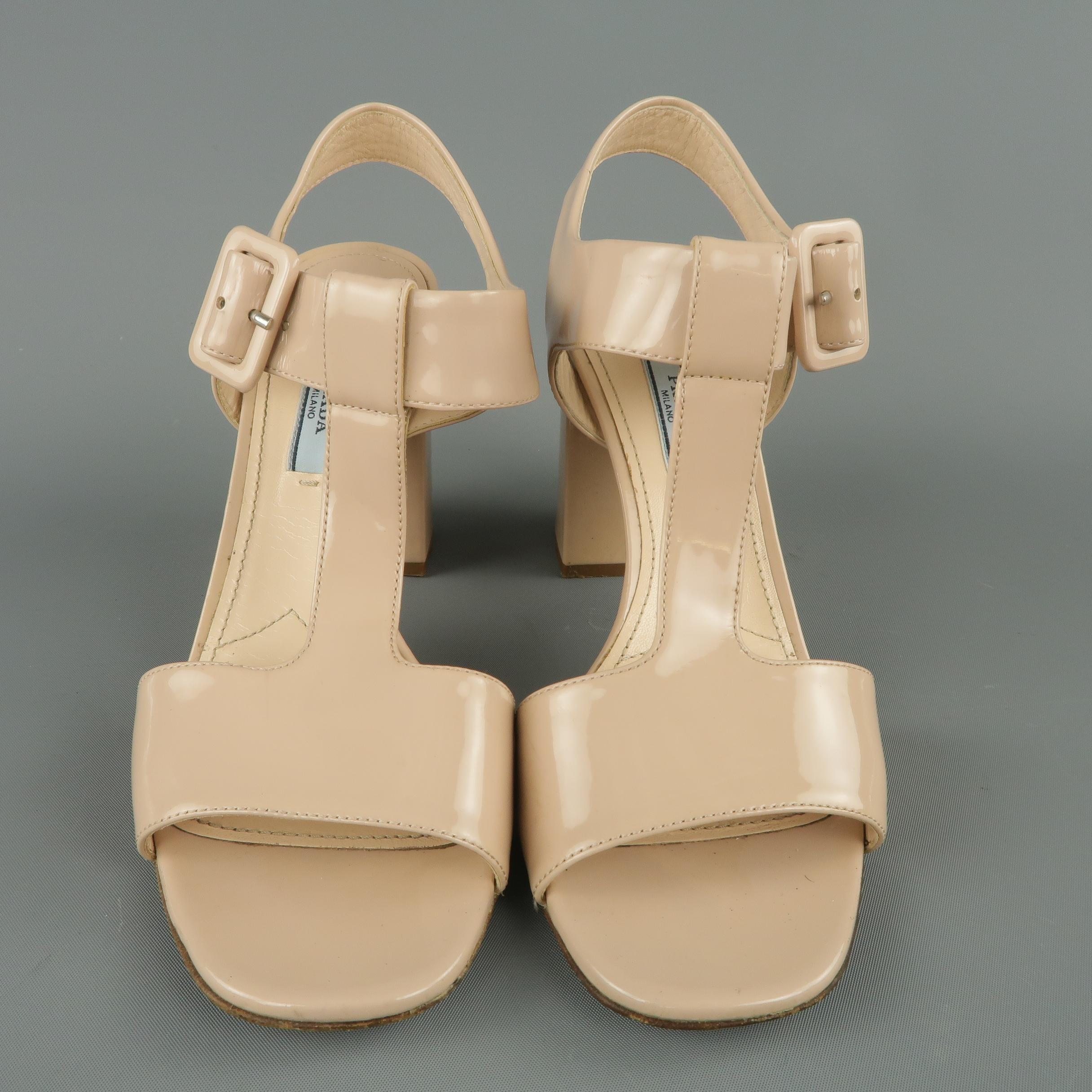 Women's PRADA Size 7.5 Beige T Strap Chunky Heeled Sandals