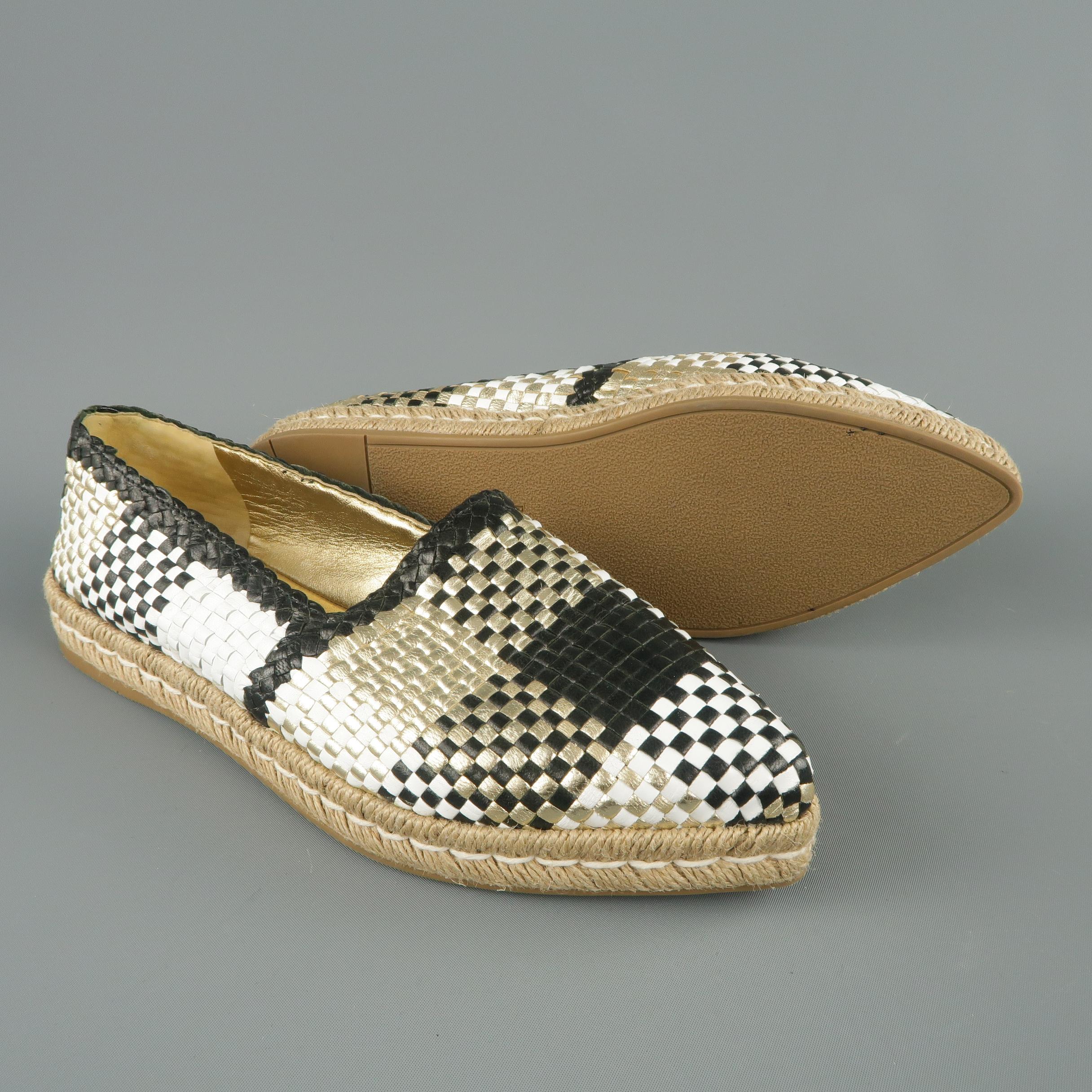 PRADA Size 7.5 Black White & Gold Woven Plaid Leather Espadrille In Excellent Condition In San Francisco, CA