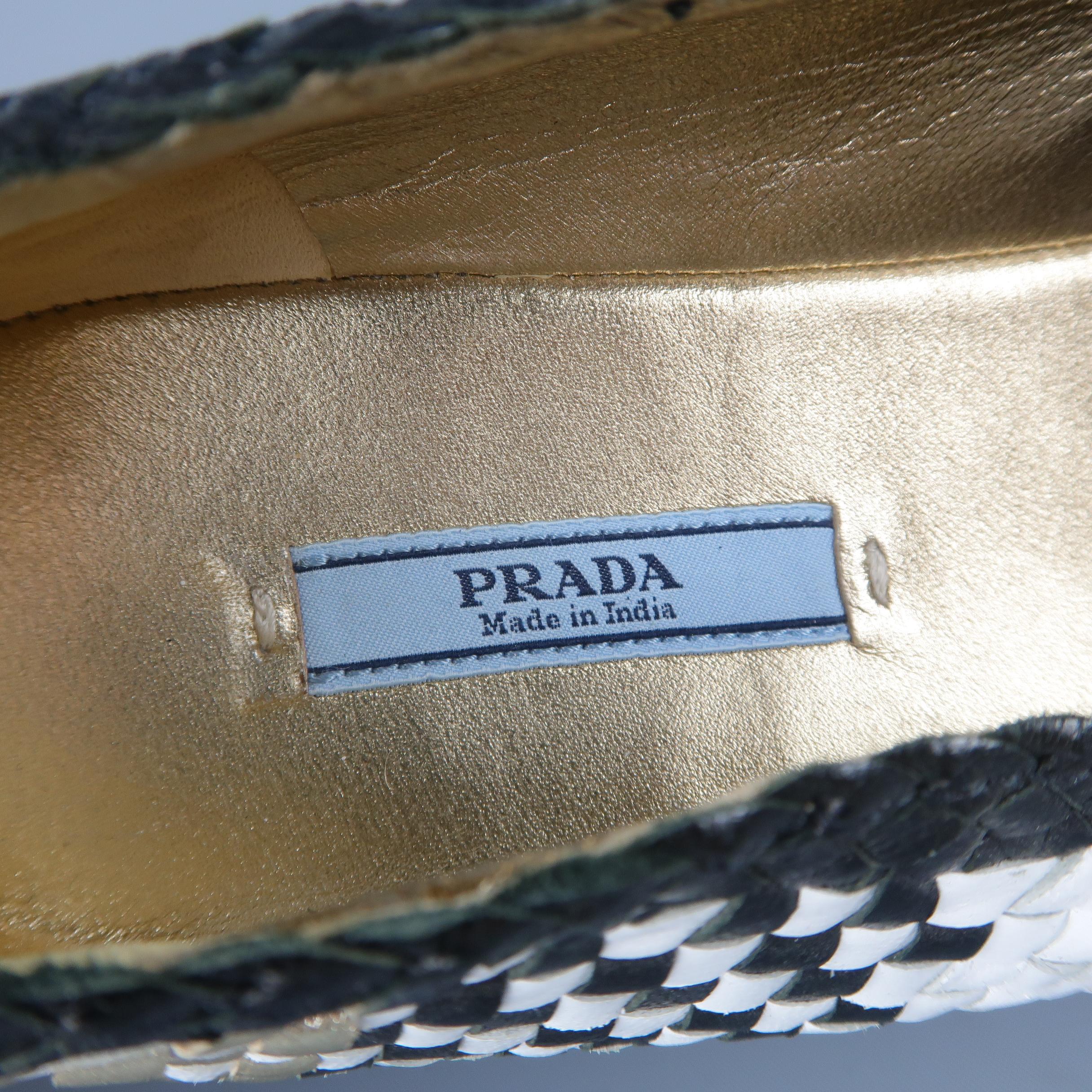 PRADA Size 7.5 Black White & Gold Woven Plaid Leather Espadrille 1