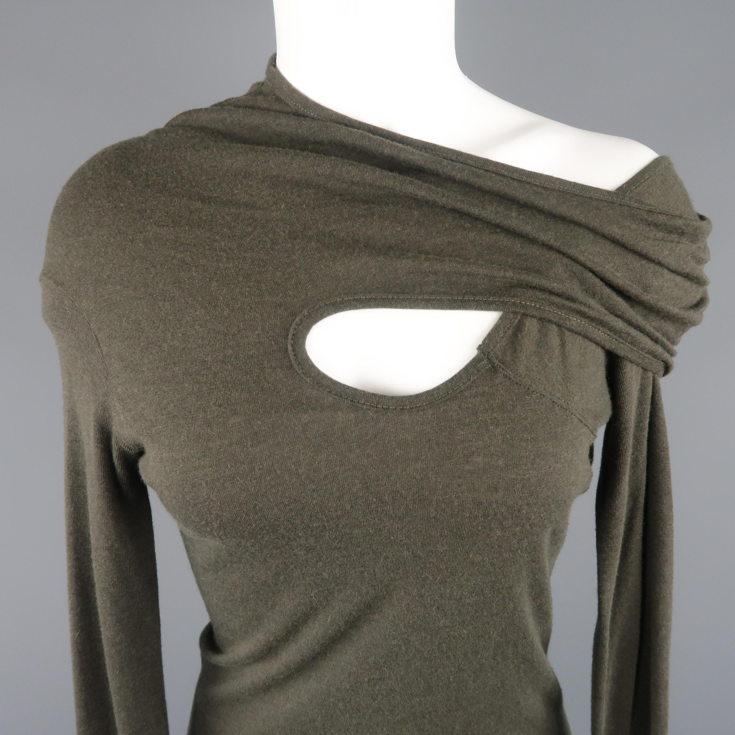 RICK OWENS top comes in olive green jersey with long sleeves and a curved cutout neckline with wrap over shoulder panel. Made in Italy.
 
New with Tags.
Marked: 40
 
Measurements:
 
Shoulder: 16 in.
Bust: 34 in.
Sleeve: 29 in.
Length: 26 in.