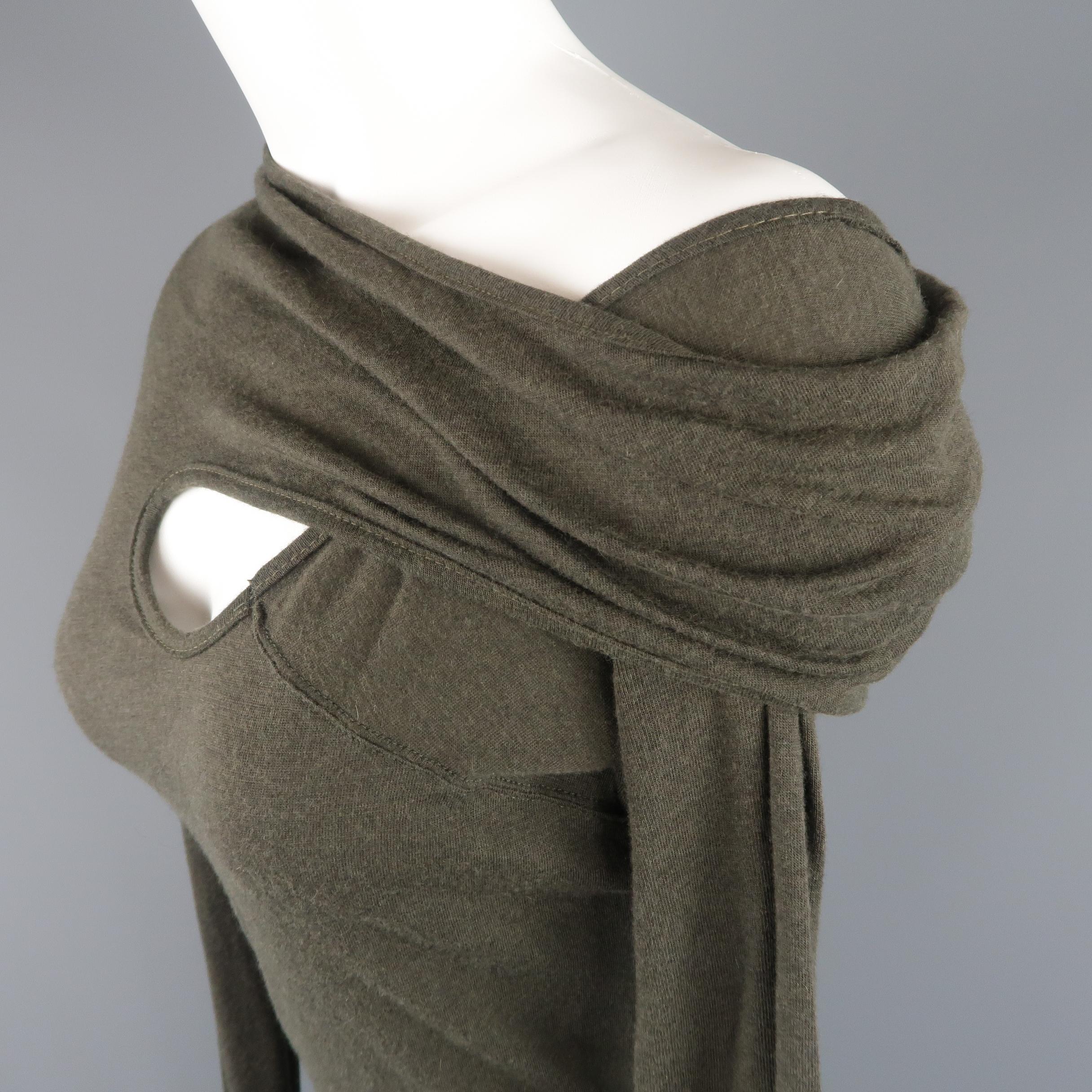 Black RICK OWENS Size 6 Olive Green Jersey Cutout Wrap Shoulder Pullover