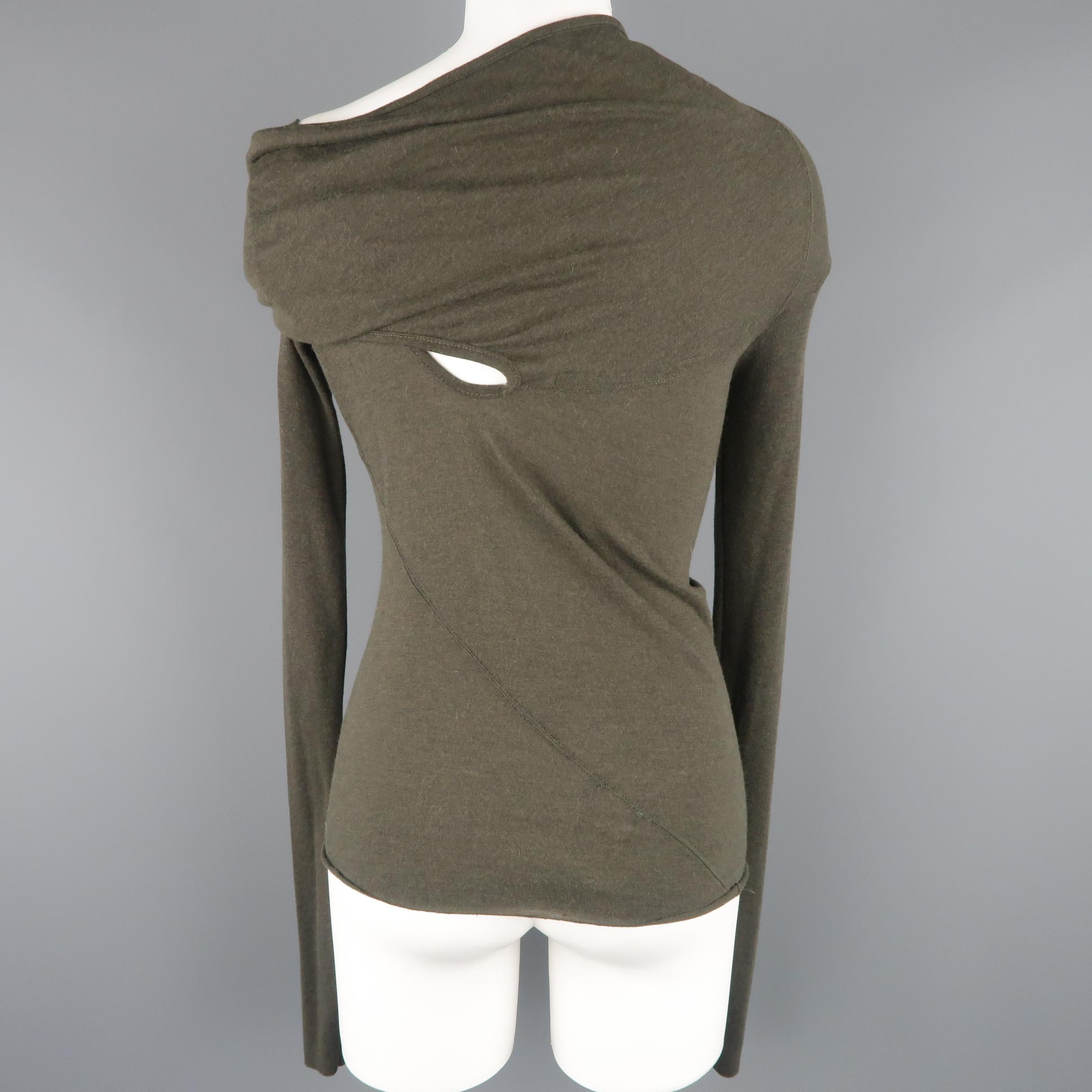 RICK OWENS Size 6 Olive Green Jersey Cutout Wrap Shoulder Pullover In New Condition In San Francisco, CA
