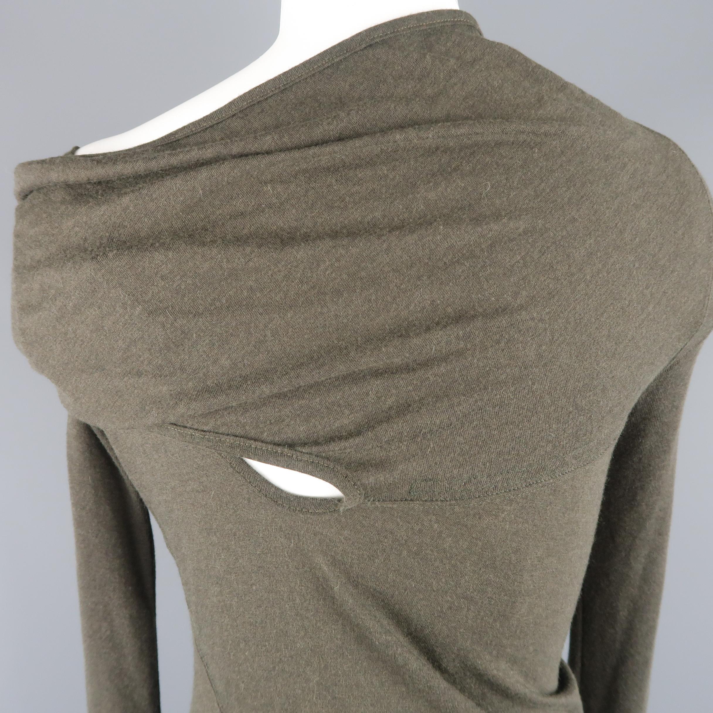 Women's RICK OWENS Size 6 Olive Green Jersey Cutout Wrap Shoulder Pullover