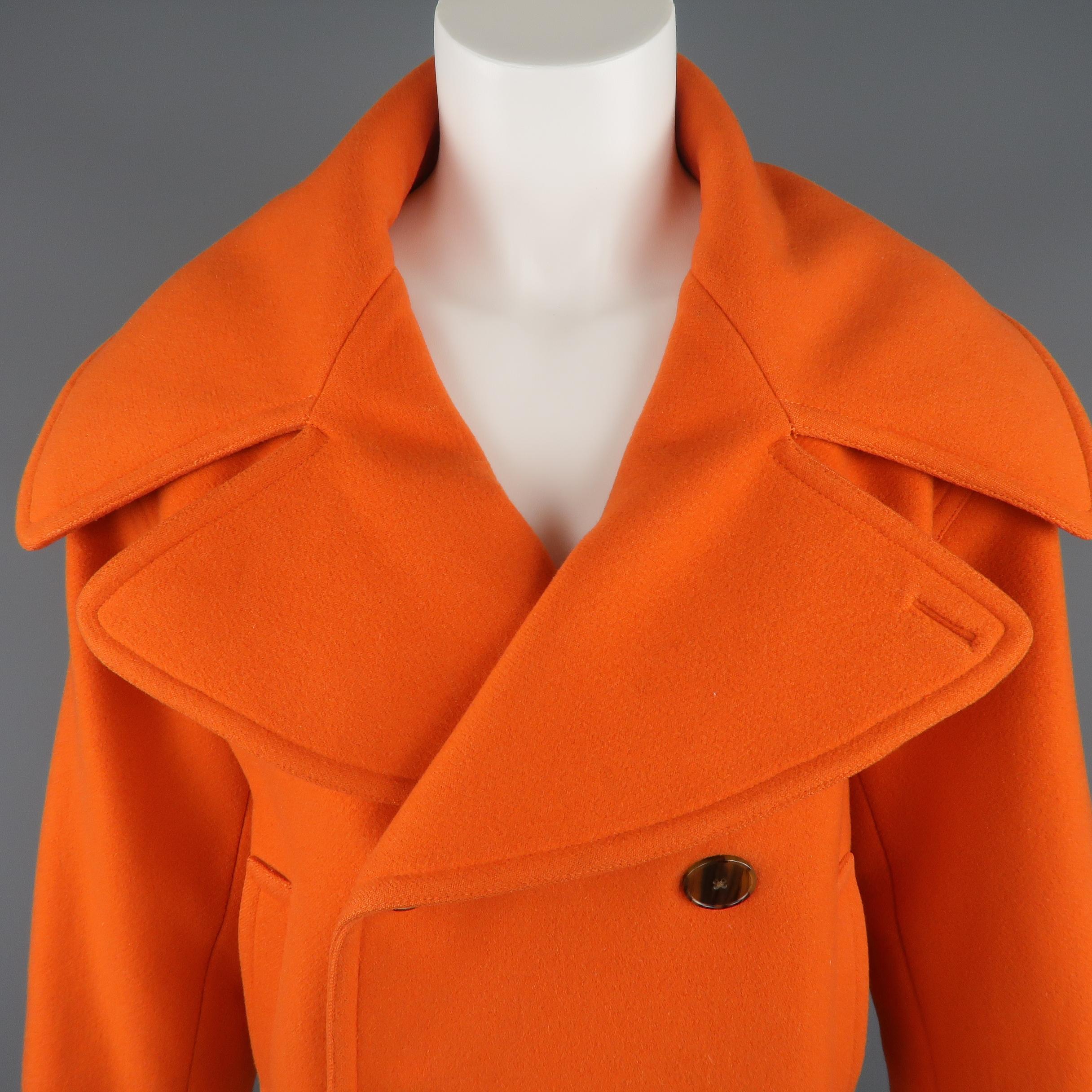 RALPH LAUREN COLLECTION cropped peacoat style jacket comes in orange flannel with an oversized collar, double breasted button front, cuffed sleeves, and slit pockets.
 
Good Pre-Owned Condition.
Marked: (no size)
 
Measurements:
 
Shoulder: 18