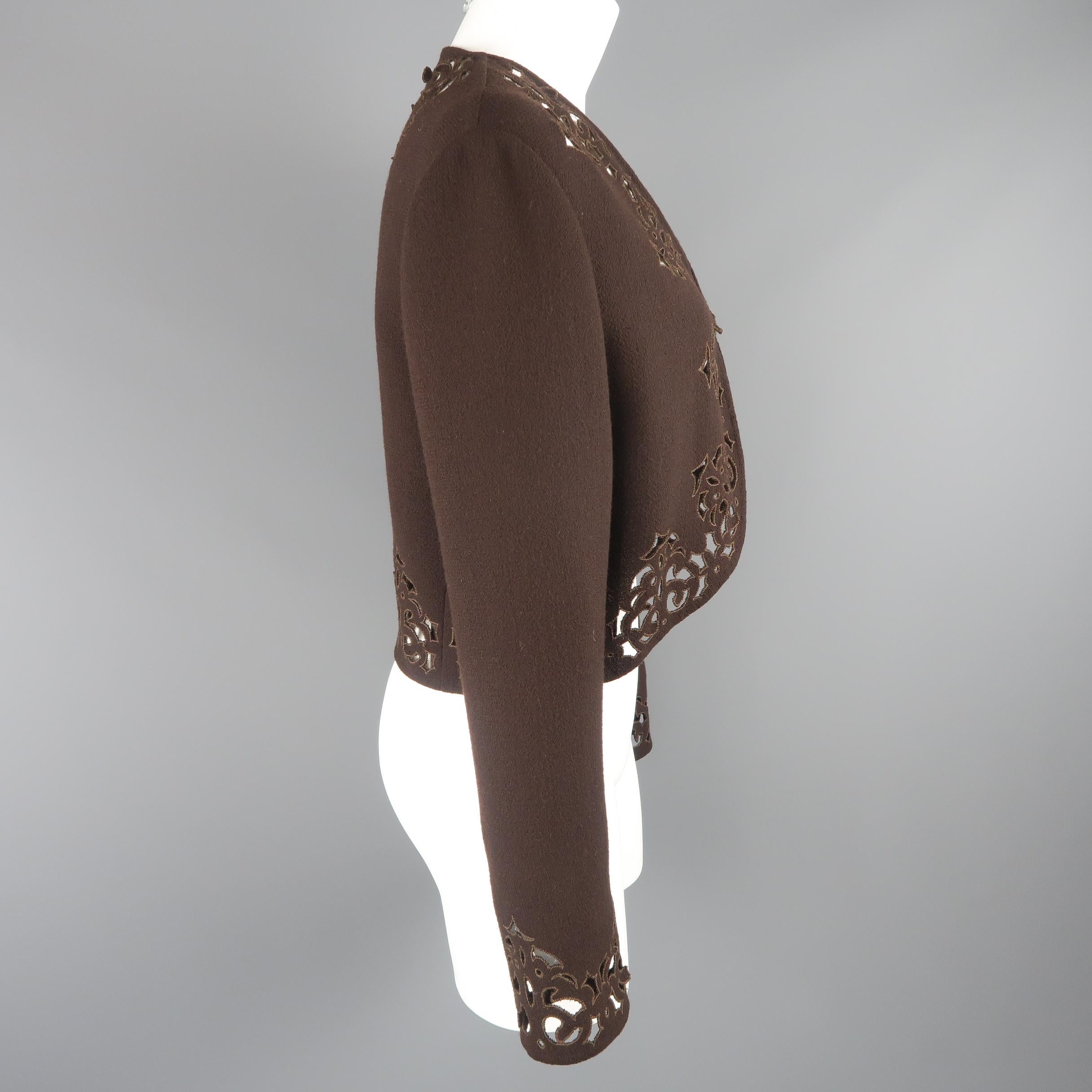 BILL BLASS Size 12 Brown Wool Blend Crepe Cutout Trim Bolero Jacket 1