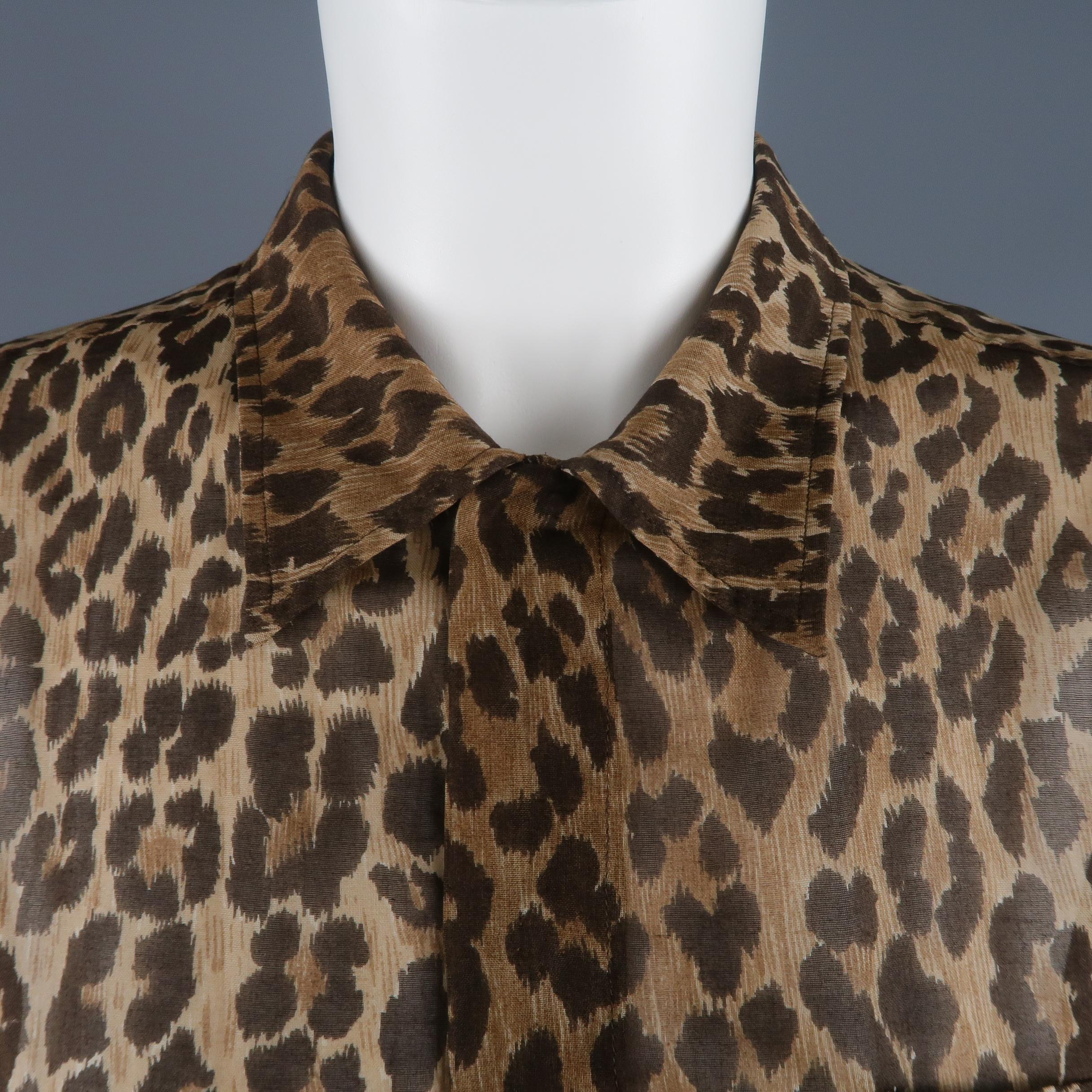 DOLCE & GABBANA Size 10 Brown Leopard Print Sheer Cotton Short Sleeve Blouse In Good Condition In San Francisco, CA