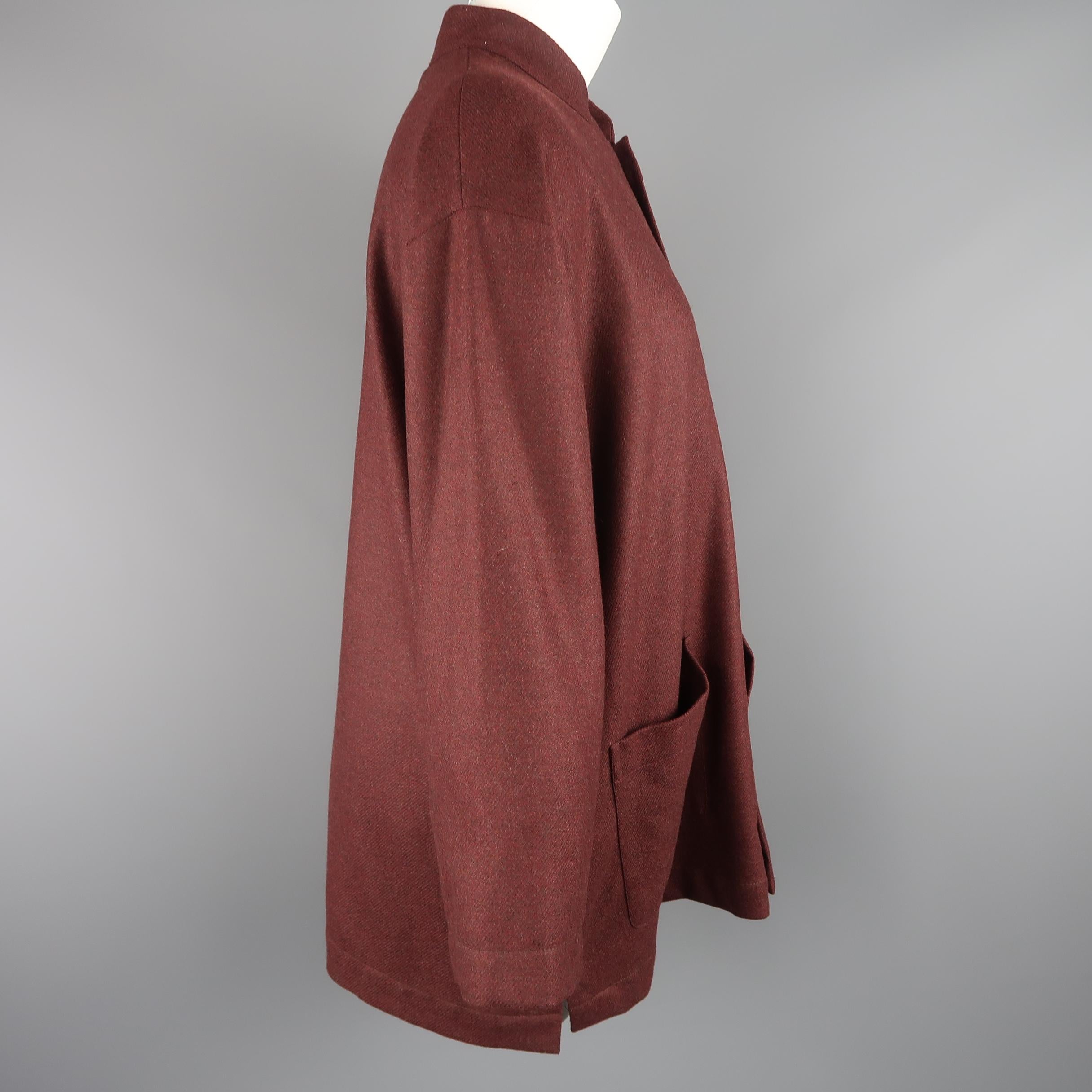 Brown ESKANDAR Size 0 Burgundy Wool / Cashmere Oversized Band Collar Jacket