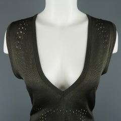 YVES SAINT LAURENT Size L Moss Gray Viscose Mesh Knit V Neck Top