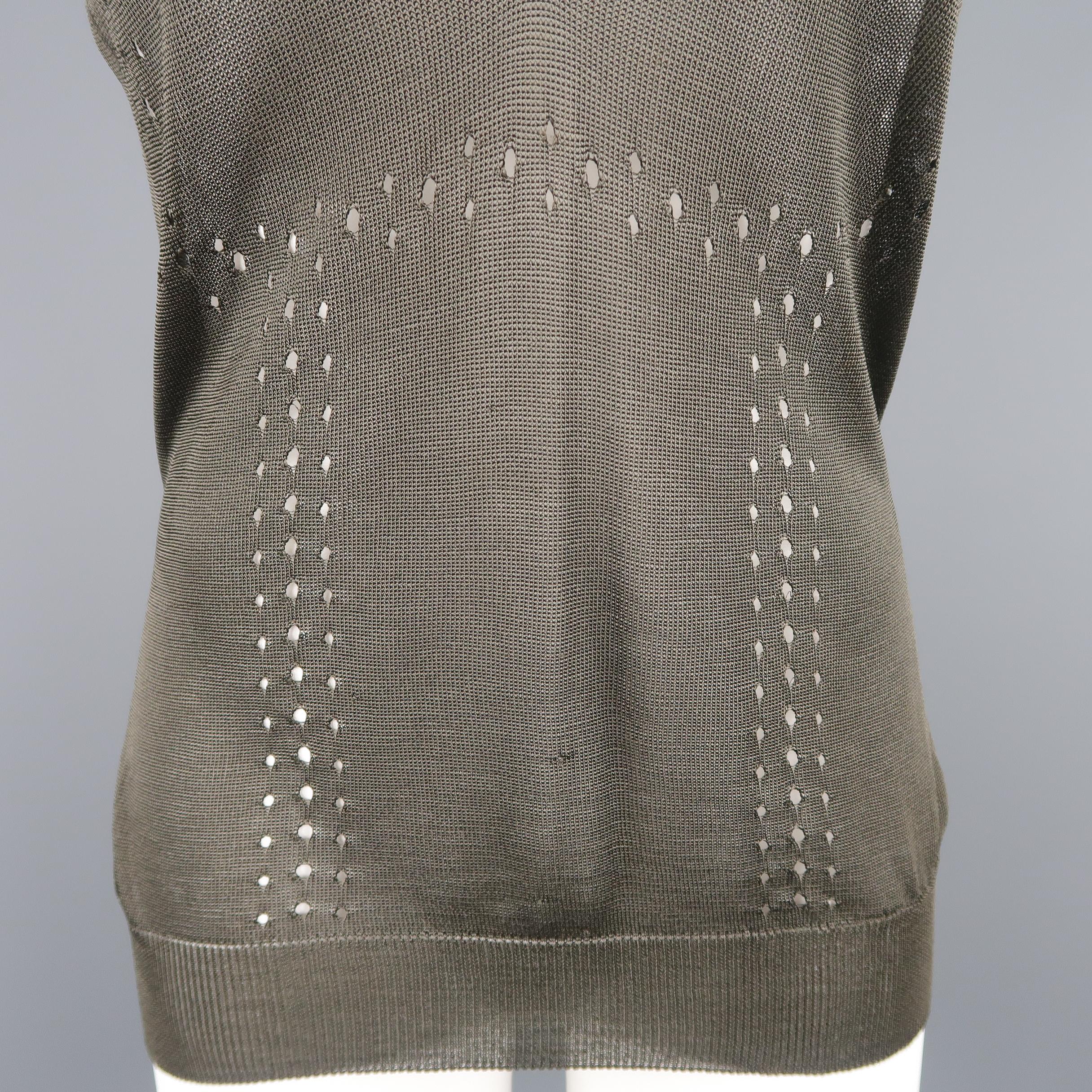 YVES SAINT LAURENT Size L Moss Gray Viscose Mesh Knit V Neck Top In Good Condition In San Francisco, CA